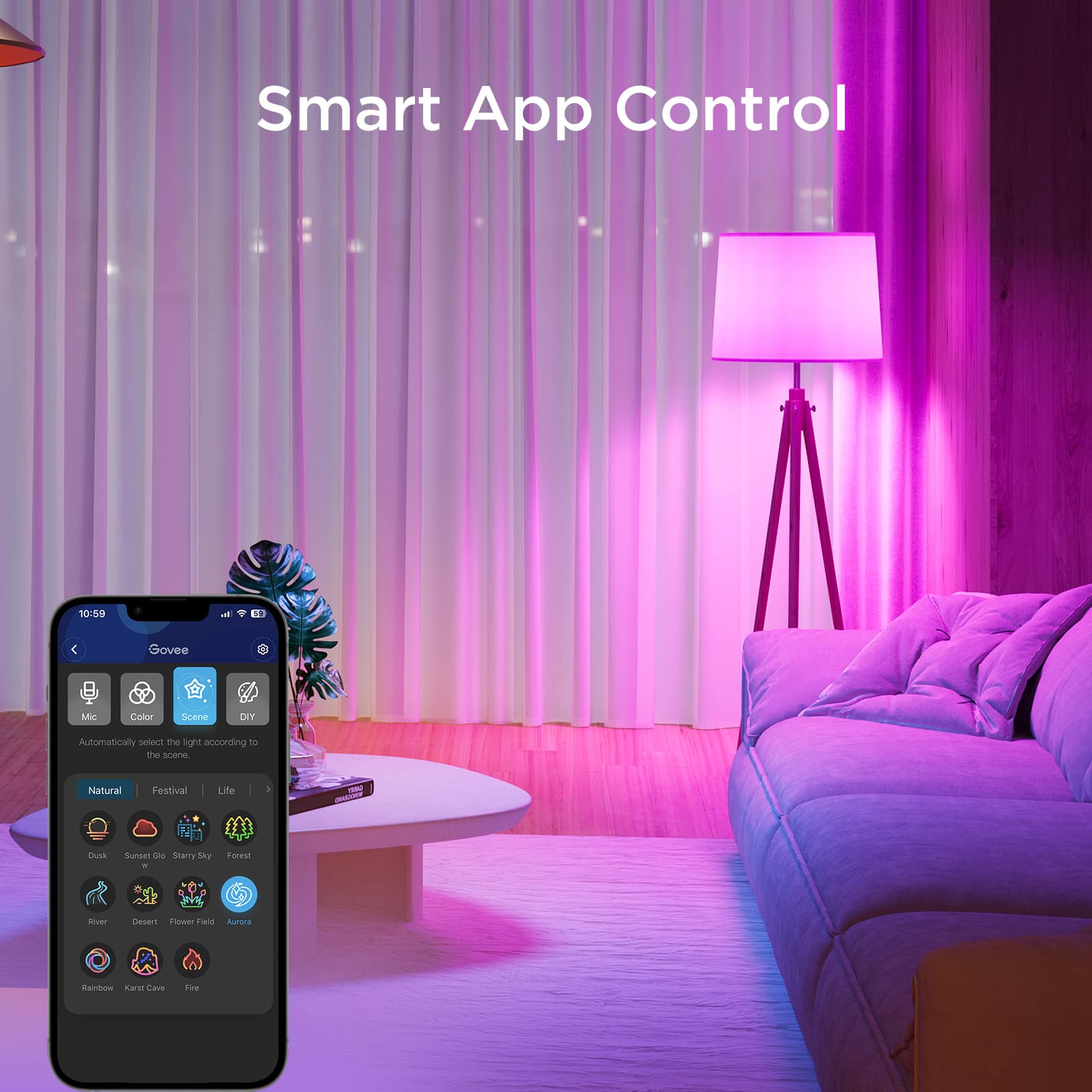 Smart App Control 10:5 - 1 C Govee Mic Cator Scene DIY Automatically select the light according to the scene: Natural Festival Life - Dush Sunser - Starry Night - Foggy Night - Tsa11 ToAr T Auntra n ae Cave Time.