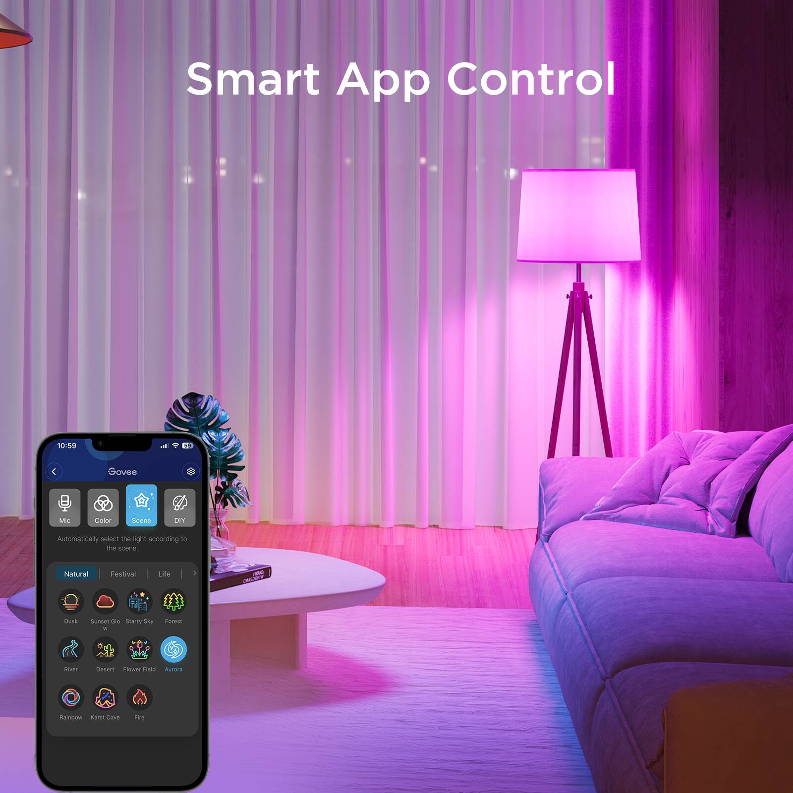Smart App Control 10:5 - 1 C Govee Mic Cator Scene DIY Automatically select the light according to the scene: Natural Festival Life - Dush Sunser - Starry Night - Foggy Night - Tsa11 ToAr T Auntra n ae Cave Time.