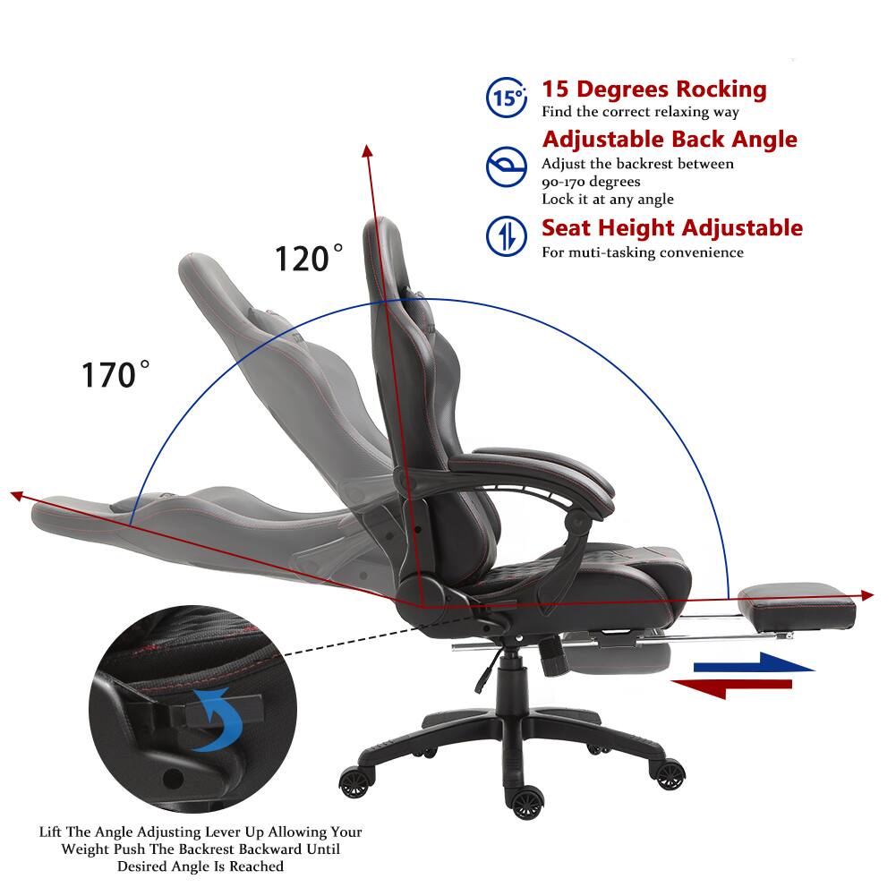 120° 15 Degrees Rocking 15° Find the correct relaxing way Adjustable Back Angle Adjust the backrest between 90-170 degrees Lock it at any angle Seat Height Adjustable For multi-tasking convenience 170° Lift The Angle Adjusting Lever Up Allowing Your Weight Push The Backrest Backward Until Desired Angle Is Reached