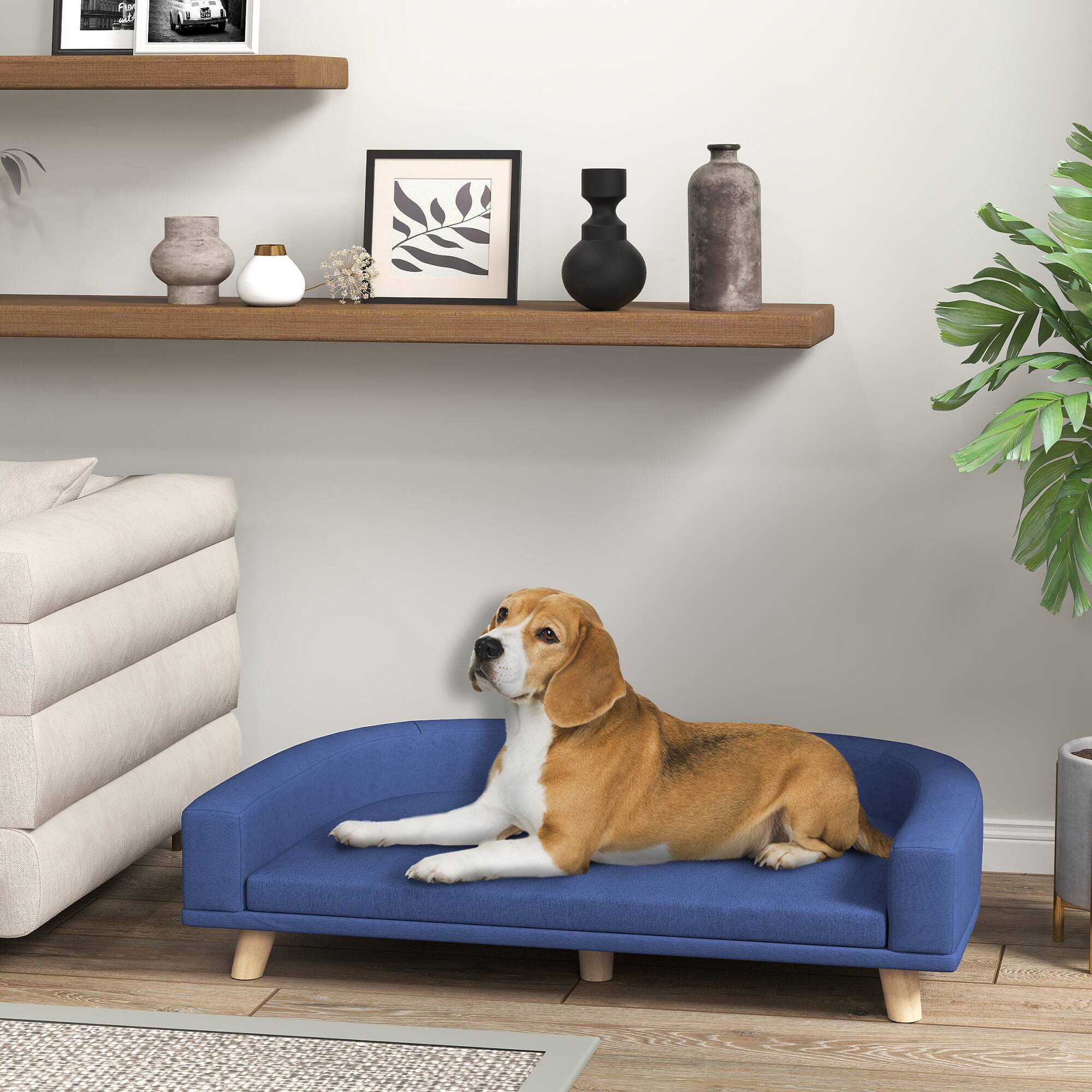 Angle. Pawhut - Sofa Couch, Pet Bed with Comfortable Cushion, Washable Cover, Wooden Legs, Large Dogs, Cats, Kittens - Blue.