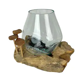 Things2Die4 - Handcrafted Glass and Teak Vase with Wood Mushroom Embellishments, Rustic Accent - Brown