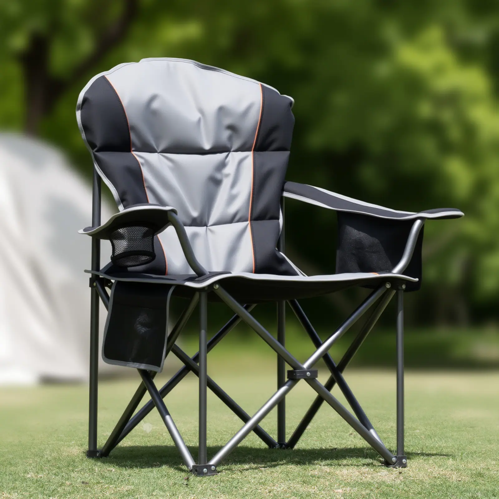 Front. AENKYO - Oversized Camping Folding Chair with Cup Holder Storage and Cooler Bag, Portable for Outdoor - Black grey.