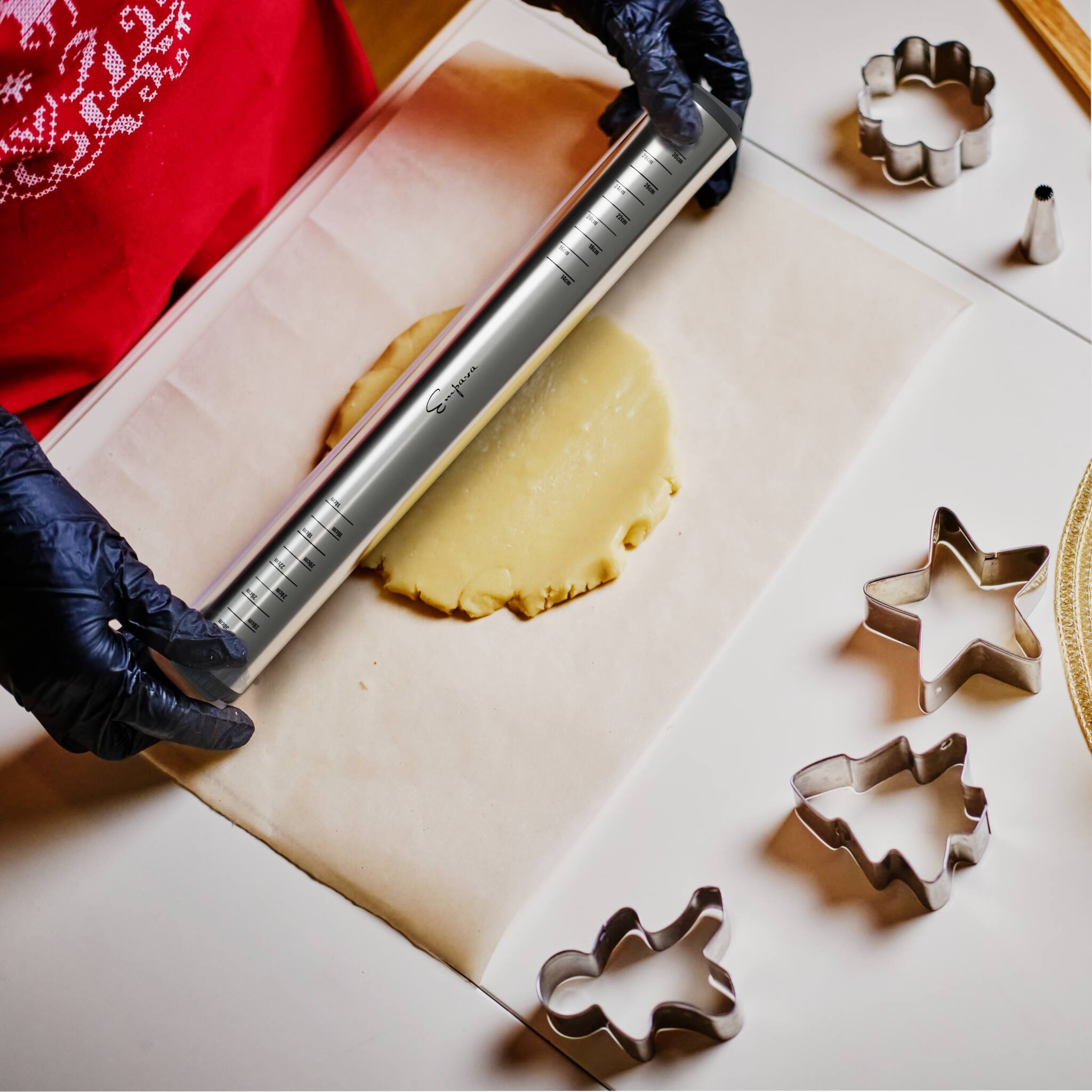 Back. Empava - Premium 15.8in.  Rolling Pin - Professional Smooth Self-Cooled Rolling Pin with flour container & Measurements - Stainless Steel.