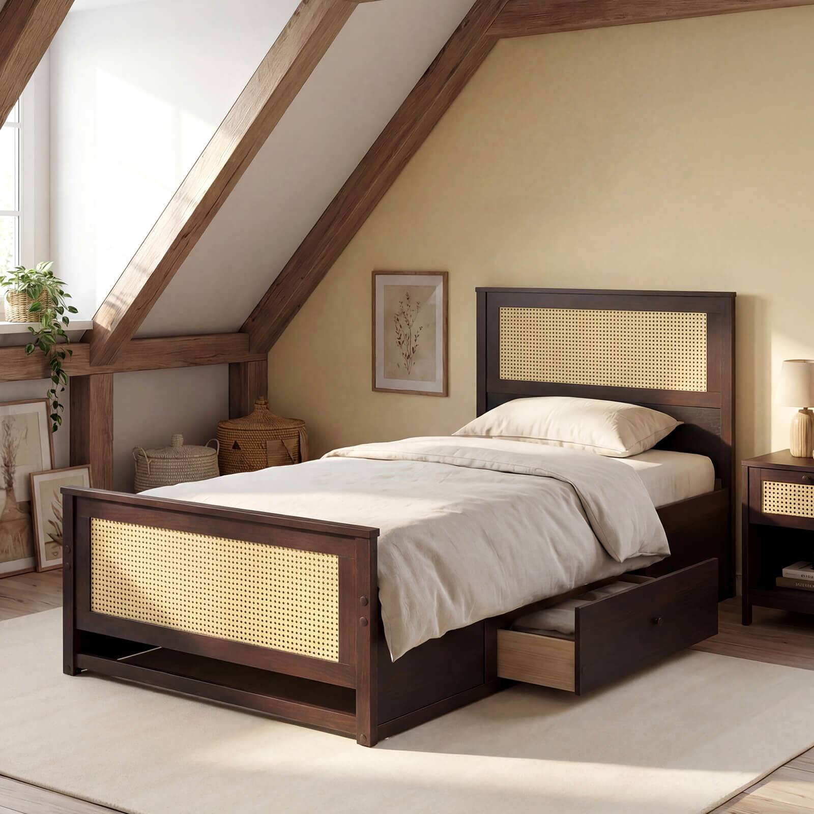 Alt View 4. Costway - Costway Twin Size Rattan Bed Frame with Storage Drawers, Rattan Woven Headboard & Footboard - Espresso.