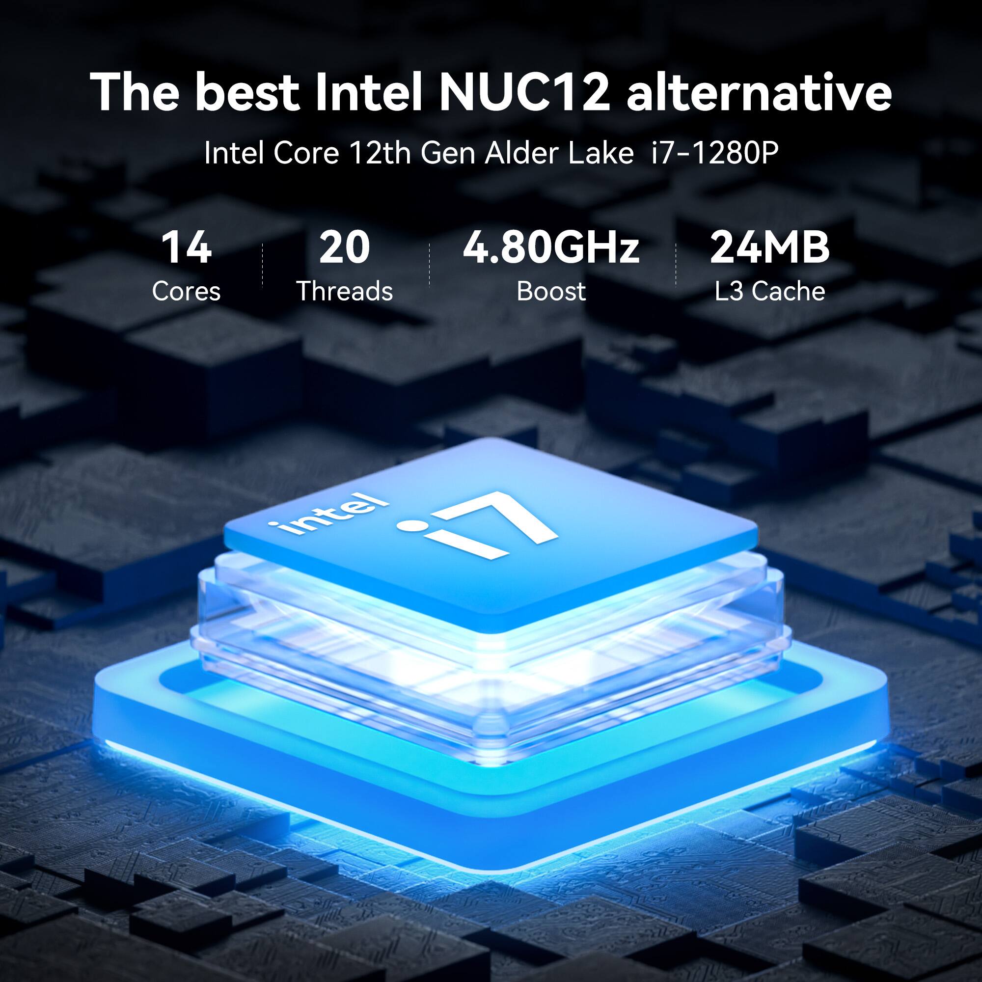 The best Intel NUC12 alternative: Intel Core 12th Gen Alder Lake i7-1280P, 14 Cores, 20 Threads, 4.80GHz Boost, 24MB L3 Cache.