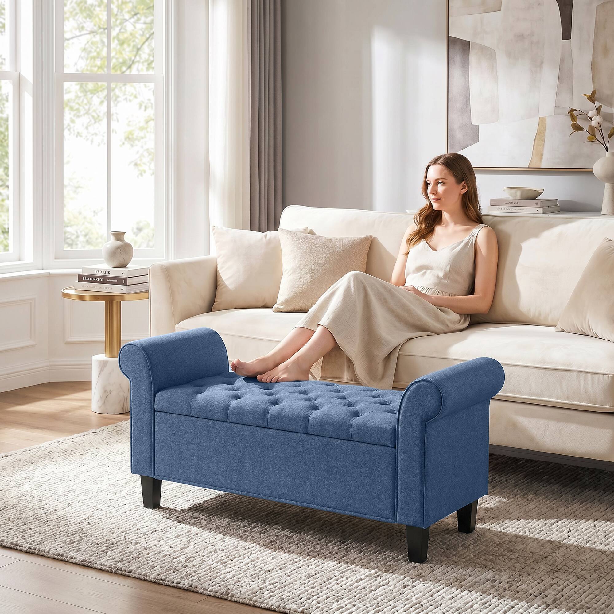 Alt View 7. Homcom - Storage Ottoman Bench, Tufted End of Bed Bench with Rolled Arms, Safety Hinge - Blue.