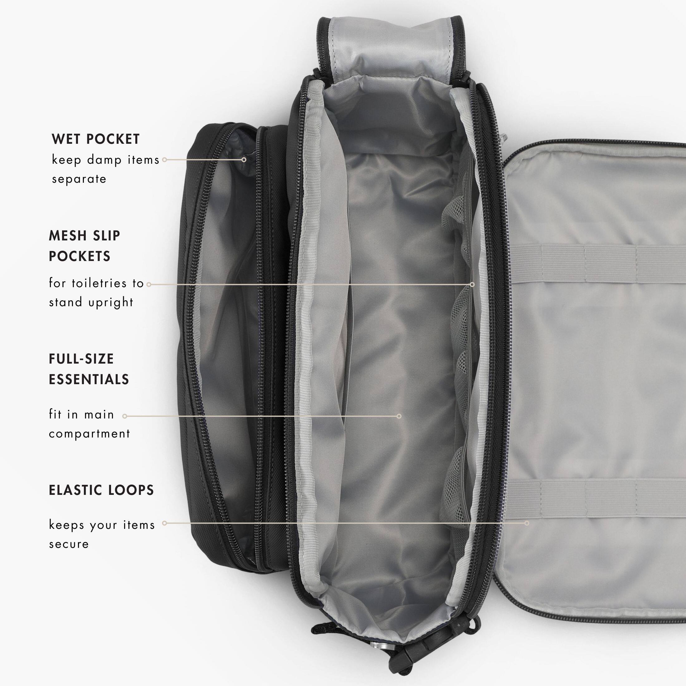WET POCKET  
keep damp items separate

MESH SLIP POCKETS  
for toiletries to stand upright

FULL-SIZE ESSENTIALS  
fit in main compartment

ELASTIC LOOPS  
keeps your items secure