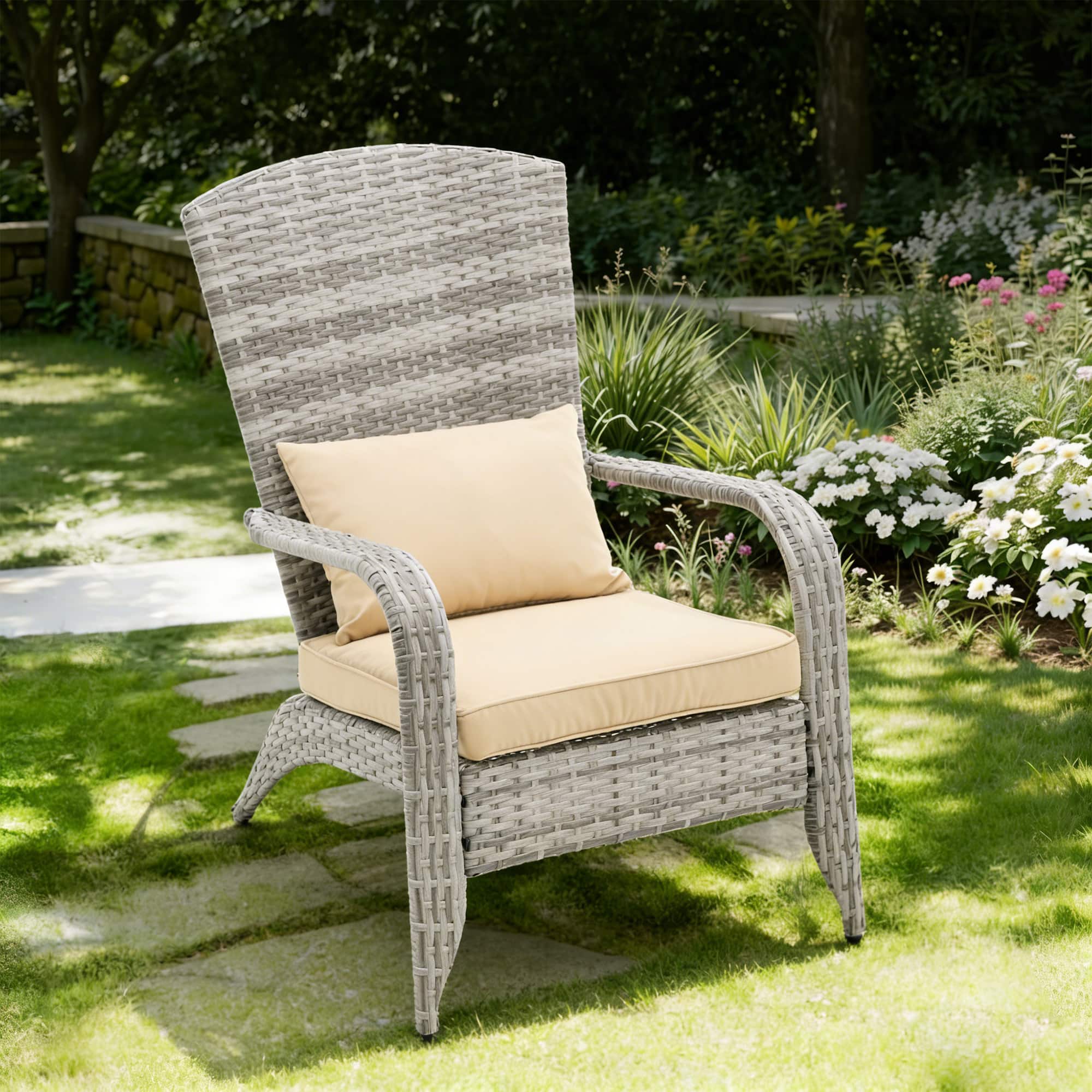 FERPIT - Outdoor Patio Rattan Wicker Chair with Thick Cushions, PE Wicker Lounge Seating for Garden, Balcony & Deck - Gray