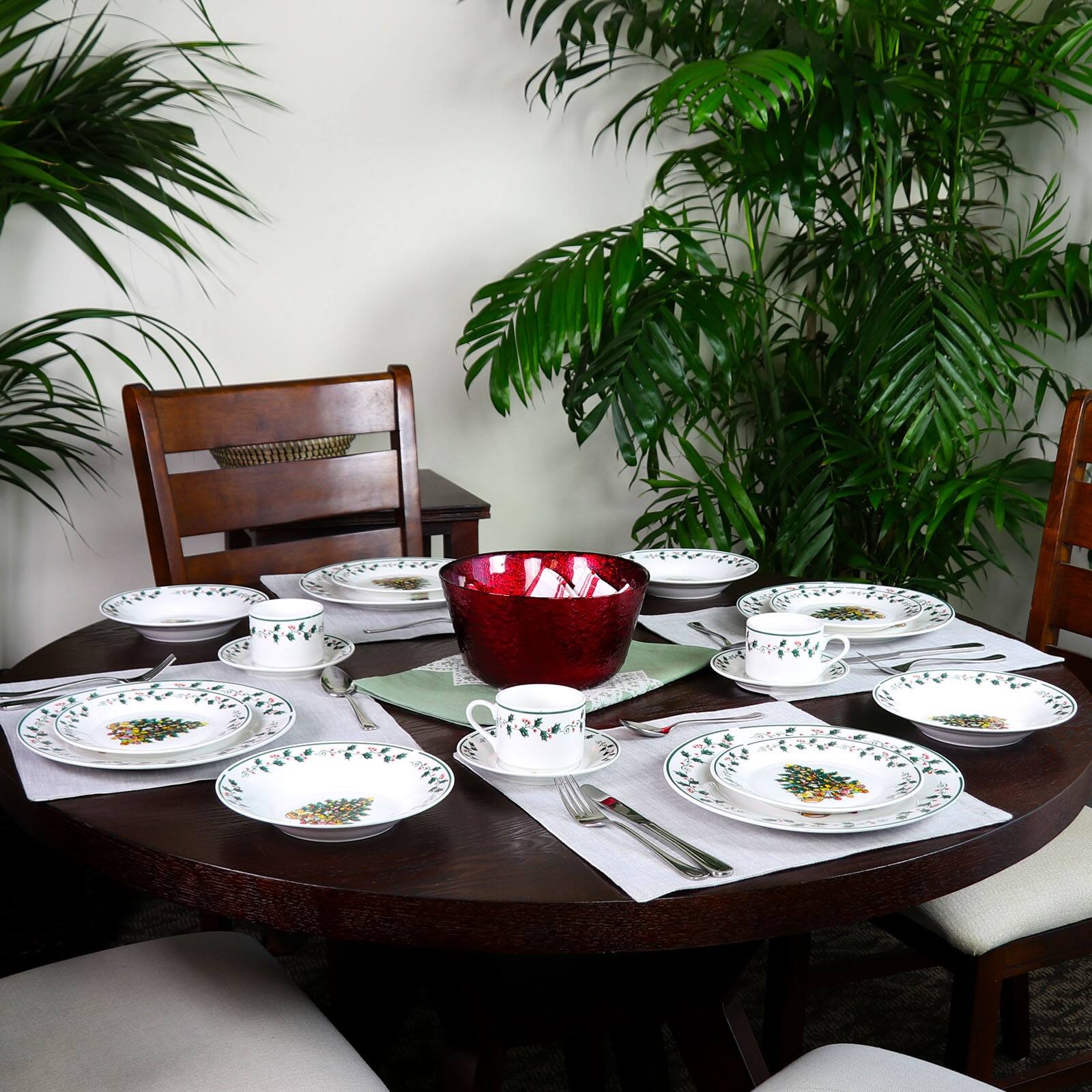 Alt View 5. Gibson - Gibson Home 20 Piece Ceramic Christmas Tree Trimming Dinnerware Set - White and Multi.