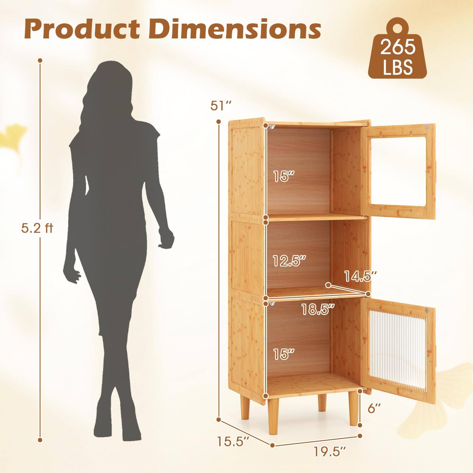 Product Dimensions: 265 LBS, 51", 15", 5.2 ft, 12.5", 14.5", 18.5", 15", 6", 15.5", 19.5"