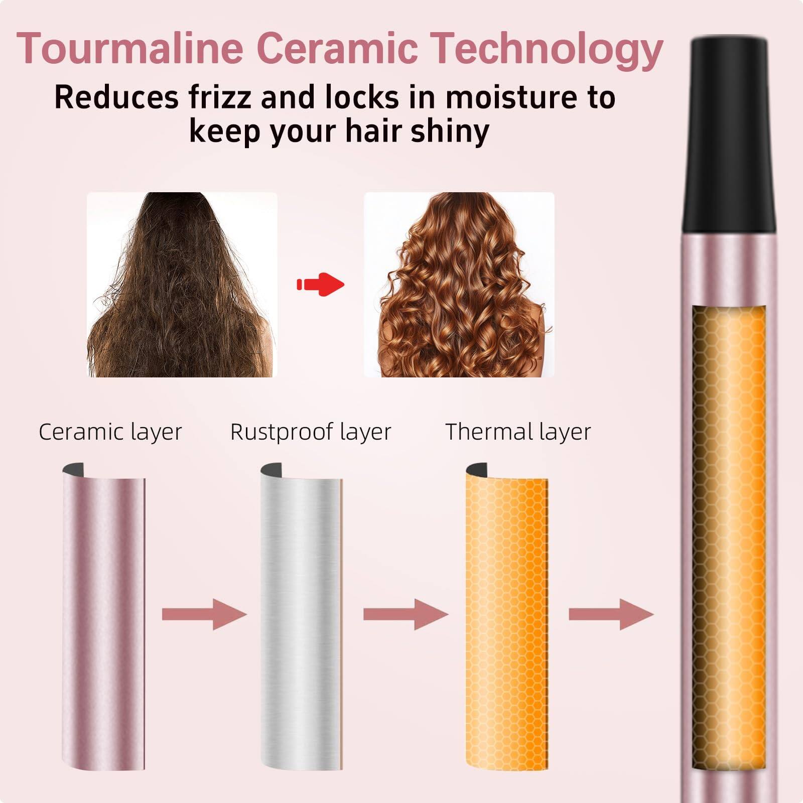 Tourmaline Ceramic Technology  
Reduces frizz and locks in moisture to keep your hair shiny  

Ceramic layer  
Rustproof layer  
Thermal layer