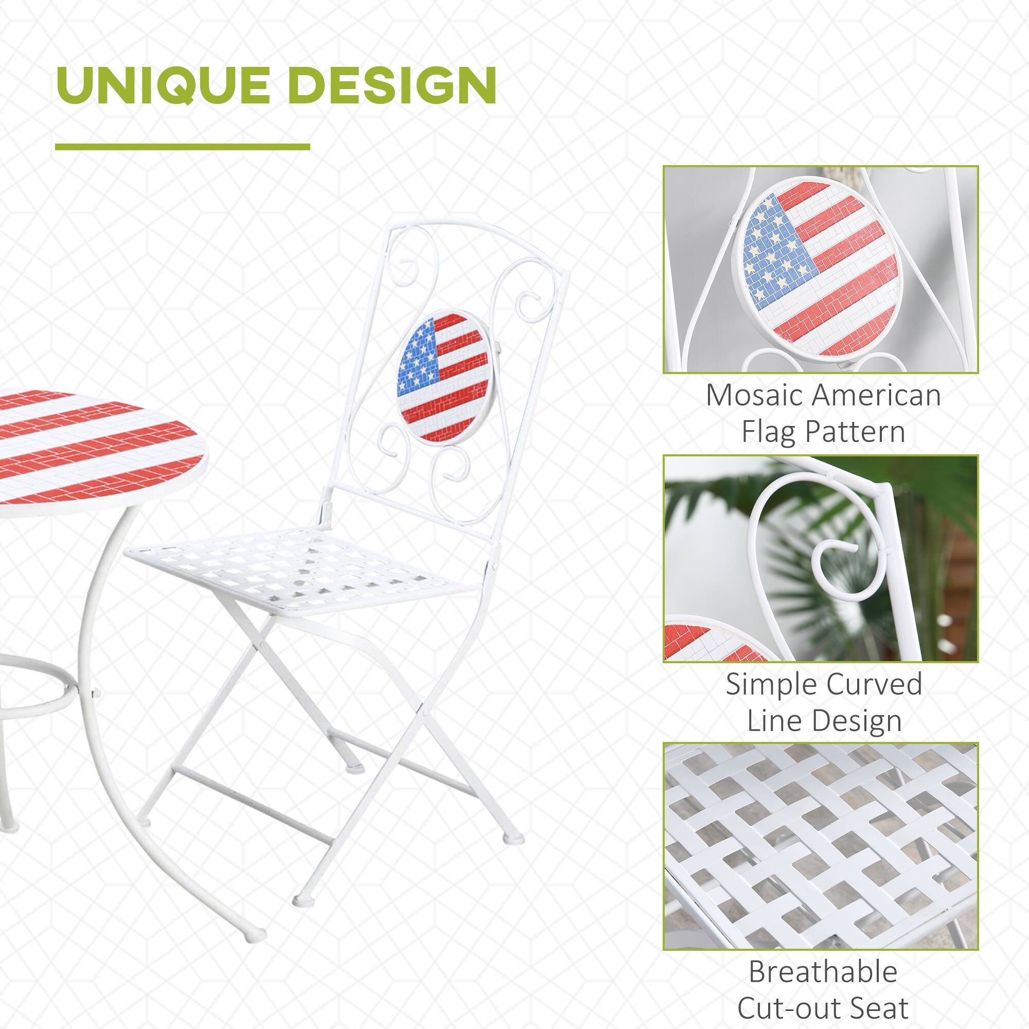 UNIQUE DESIGN

- Mosaic American Flag Pattern
- Simple Curved Line Design
- Breathable Cut-out Seat