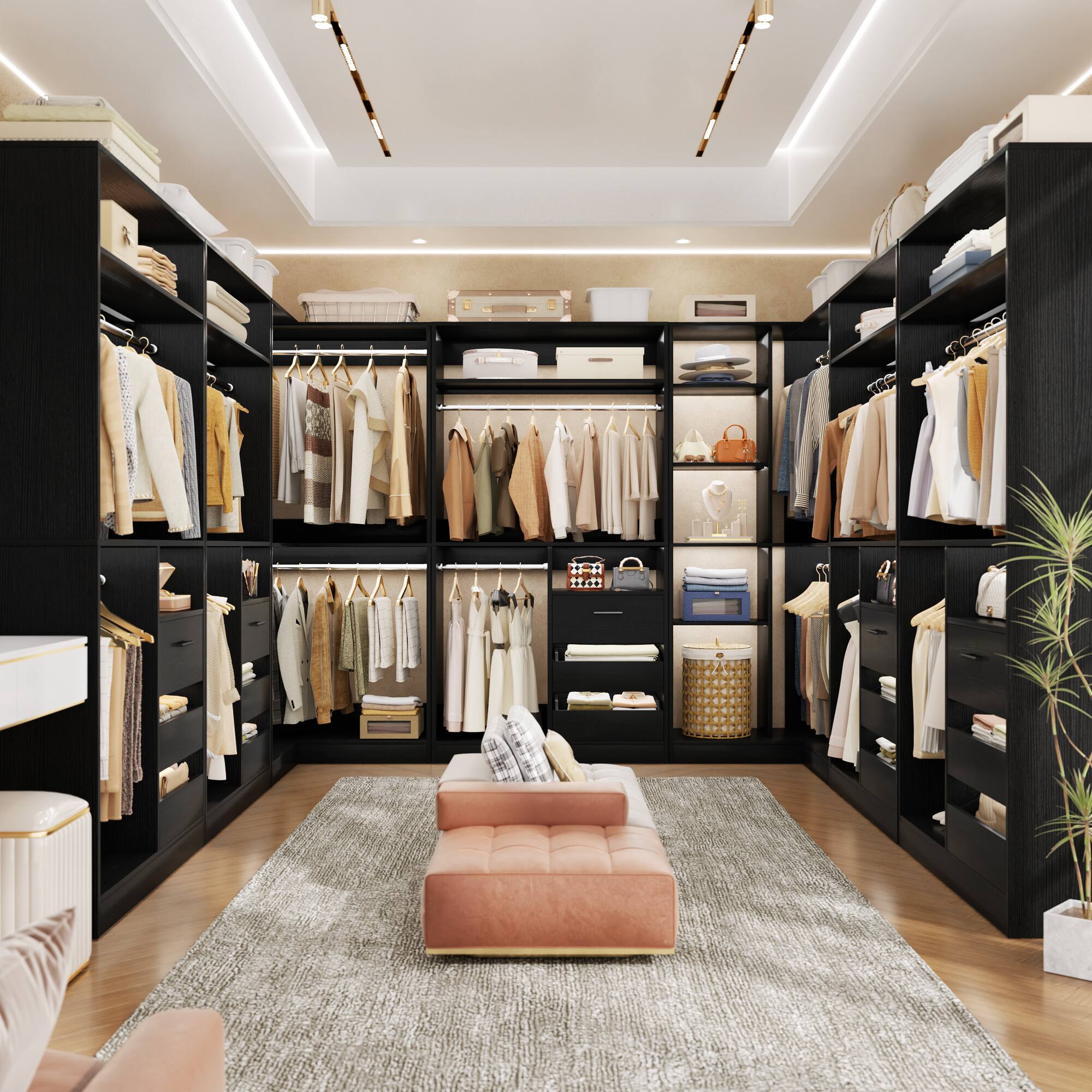 Left. Aheaplus - 72"-108" Modular DIY Closet System with 6 Drawers & 6 Hanging Rods, Heavy Duty Adjustable Organizer for Bedroom/Garage - Black.