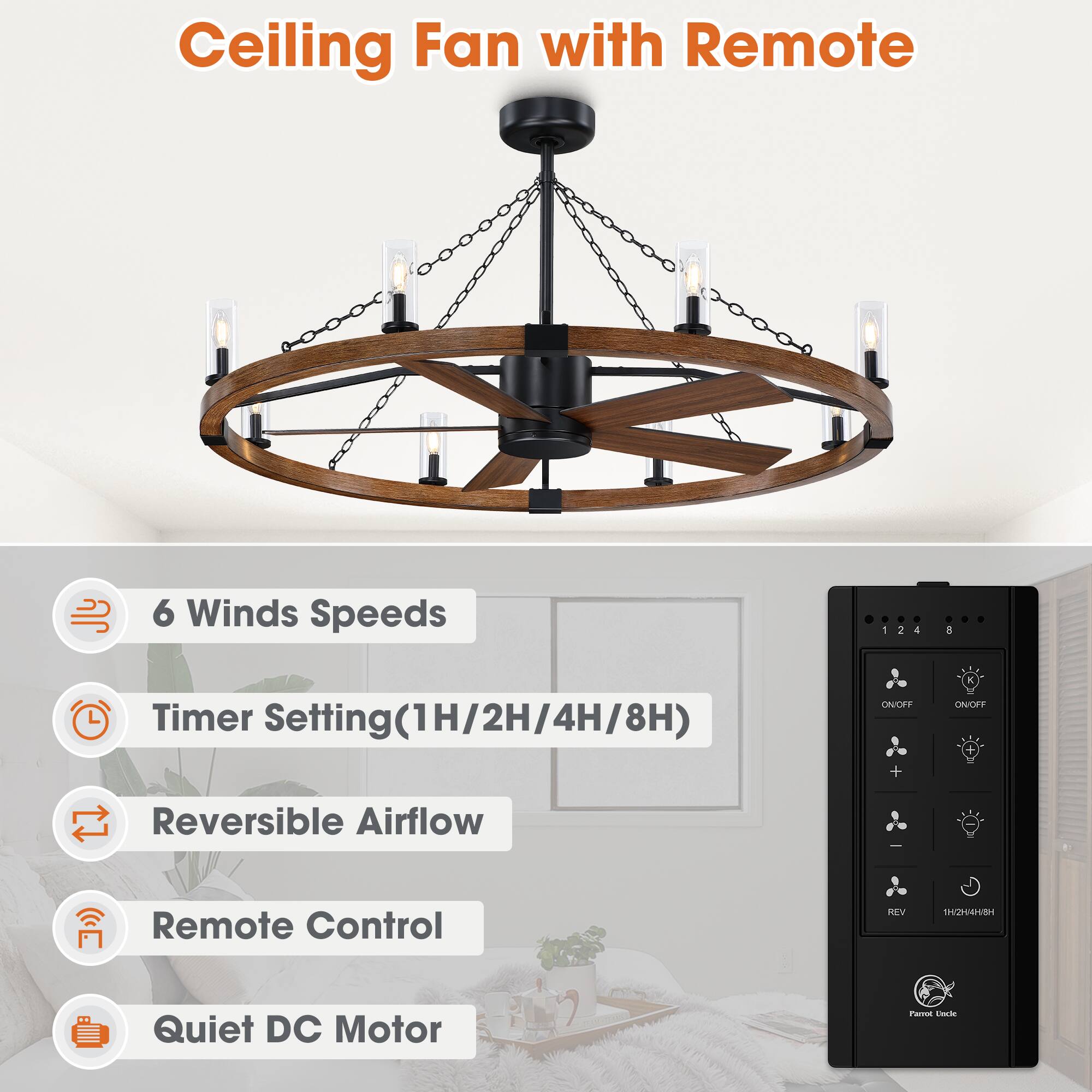 Ceiling Fan with Remote

- 6 Winds Speeds
- Timer Setting (1H/2H/4H/8H)
- Reversible Airflow
- Remote Control
- Quiet DC Motor

REV
1H 2H 4H 8H

Parrot Undec