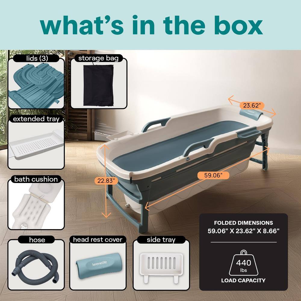 what's in the box

- lids (3)
- storage bag
- extended tray
- bath cushion
- hose
- head rest cover
- side tray

FOLDED DIMENSIONS 59.06" X 23.62" X 8.66"

LOAD CAPACITY 440 lbs