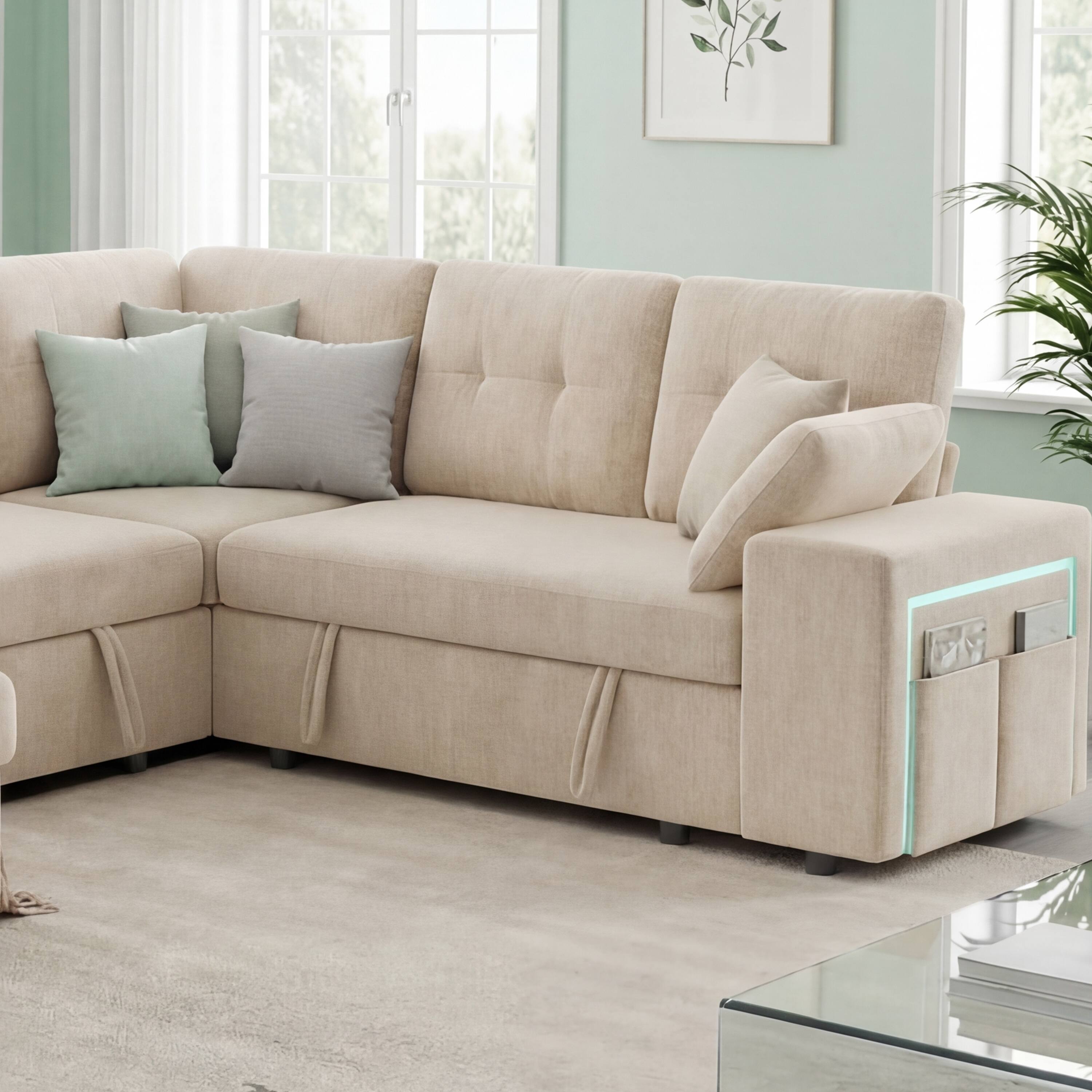 Alt View 3. Dyonery - 7-Seat Modular Sectional Sleeper Sofa with Pull-Out Bed, Reclining Backrest, USB Ports, Table, LED Lights,Beige - Beige.