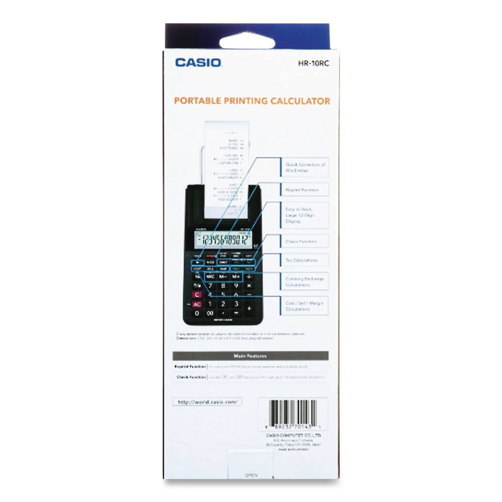 CASIO HR-10RC PORTABLE PRINTING CALCULATOR

Key Features:
- Quick Connection of Receipts
- Repeat Function
- Easy to Read, Large 12 Digit Display
- Check Function
- Tax Calculations
- Currency Exchange Calculations
- Cost/Sell/Margin Calculations

Main Features:
- 2-way power source (battery and AC adapter)
- 200 memory
- 100 tax rates
- 100 cost rates
- 100 currency rates
- 100 check functions

http://world.casio.com

CASIO COMPUTER CO., LTD.
Made in Japan

OPEN