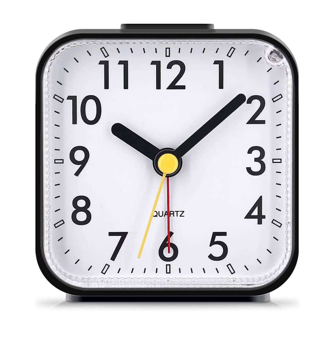 FINEAK - 3.25"W x 3.25"H Silent Analog Travel Alarm Clock Battery Operated with Light & Snooze - Black