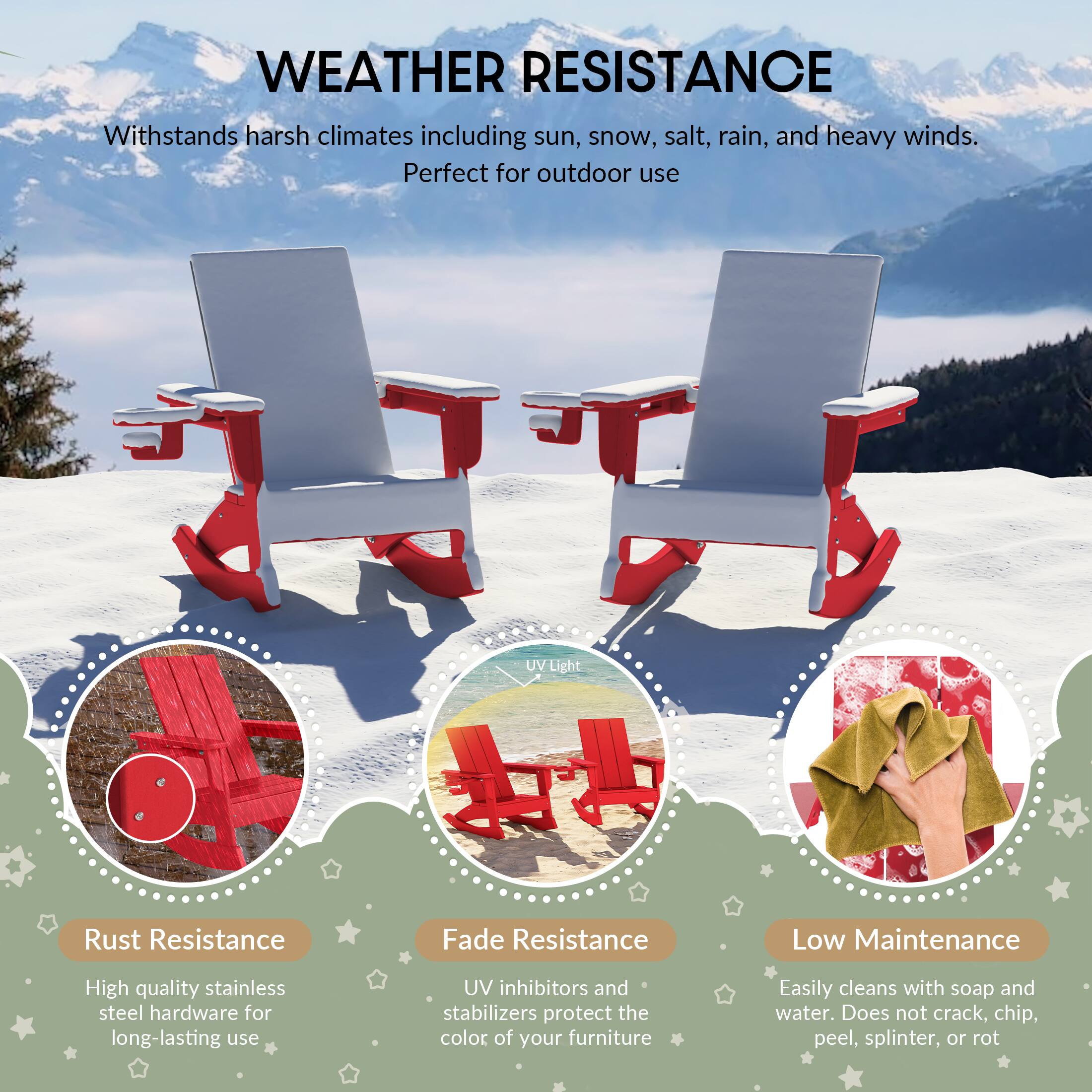 WEATHER RESISTANCE  
Withstands harsh climates including sun, snow, salt, rain, and heavy winds. Perfect for outdoor use

UV Light

Rust Resistance  
High quality stainless steel hardware for long-lasting use

Fade Resistance  
UV inhibitors and stabilizers protect the color of your furniture

Low Maintenance  
Easily cleans with soap and water. Does not crack, chip, peel, splinter, or rot
