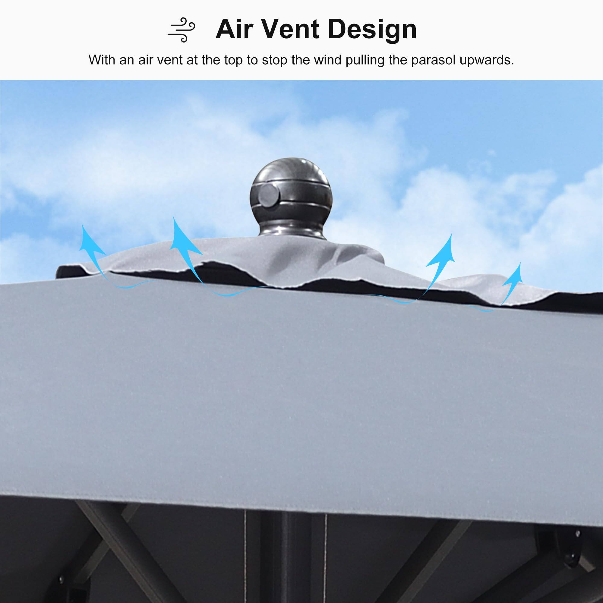 Air Vent Design

With an air vent at the top to stop the wind pulling the parasol upwards.