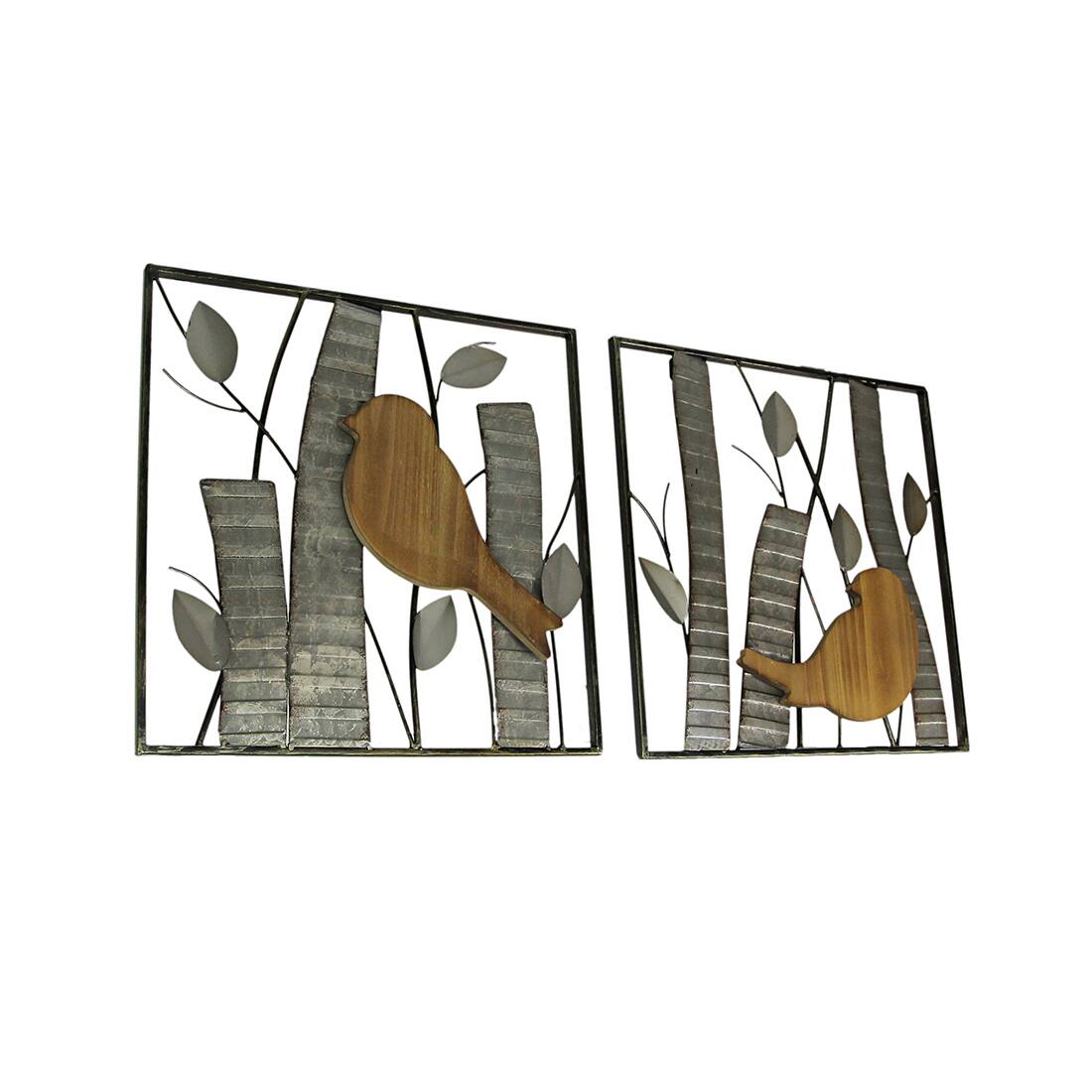 Alt View 1. Zeckos - Rustic Birds and Branches 2 Piece Wood and Metal Wall Sculpture Set - Silver.
