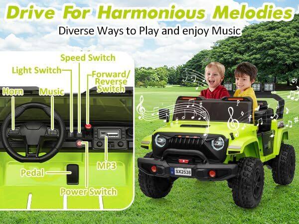 Drive For Harmonious Melodies  
Diverse Ways to Play and Enjoy Music  

- Light Switch  
- Horn  
- Music  
- Speed Switch  
- Forward/Reverse Switch  
- MP3  
- Pedal  
- Power Switch  

SX2538