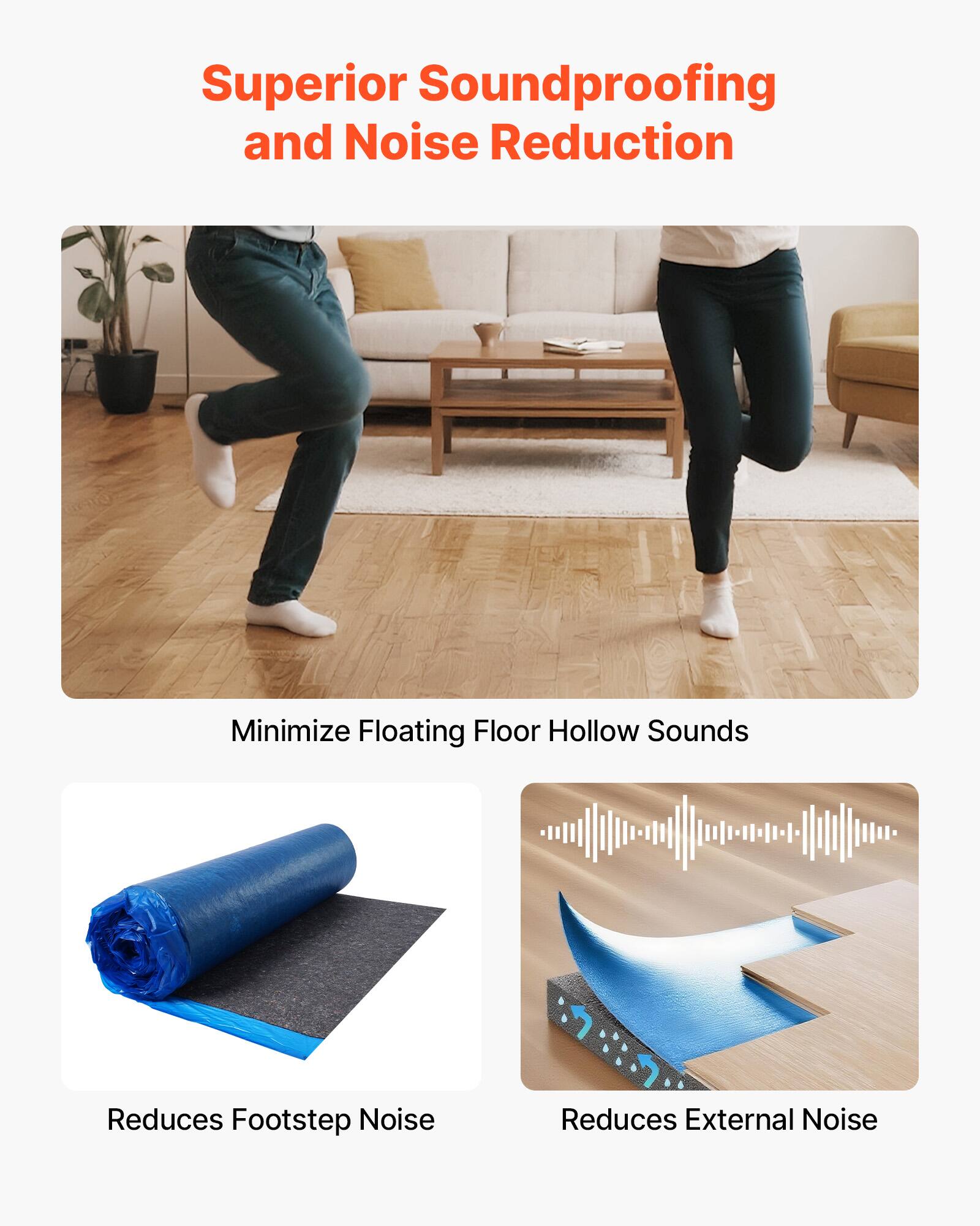 Superior Soundproofing and Noise Reduction

- Minimize Floating Floor Hollow Sounds
- Reduces Footstep Noise
- Reduces External Noise