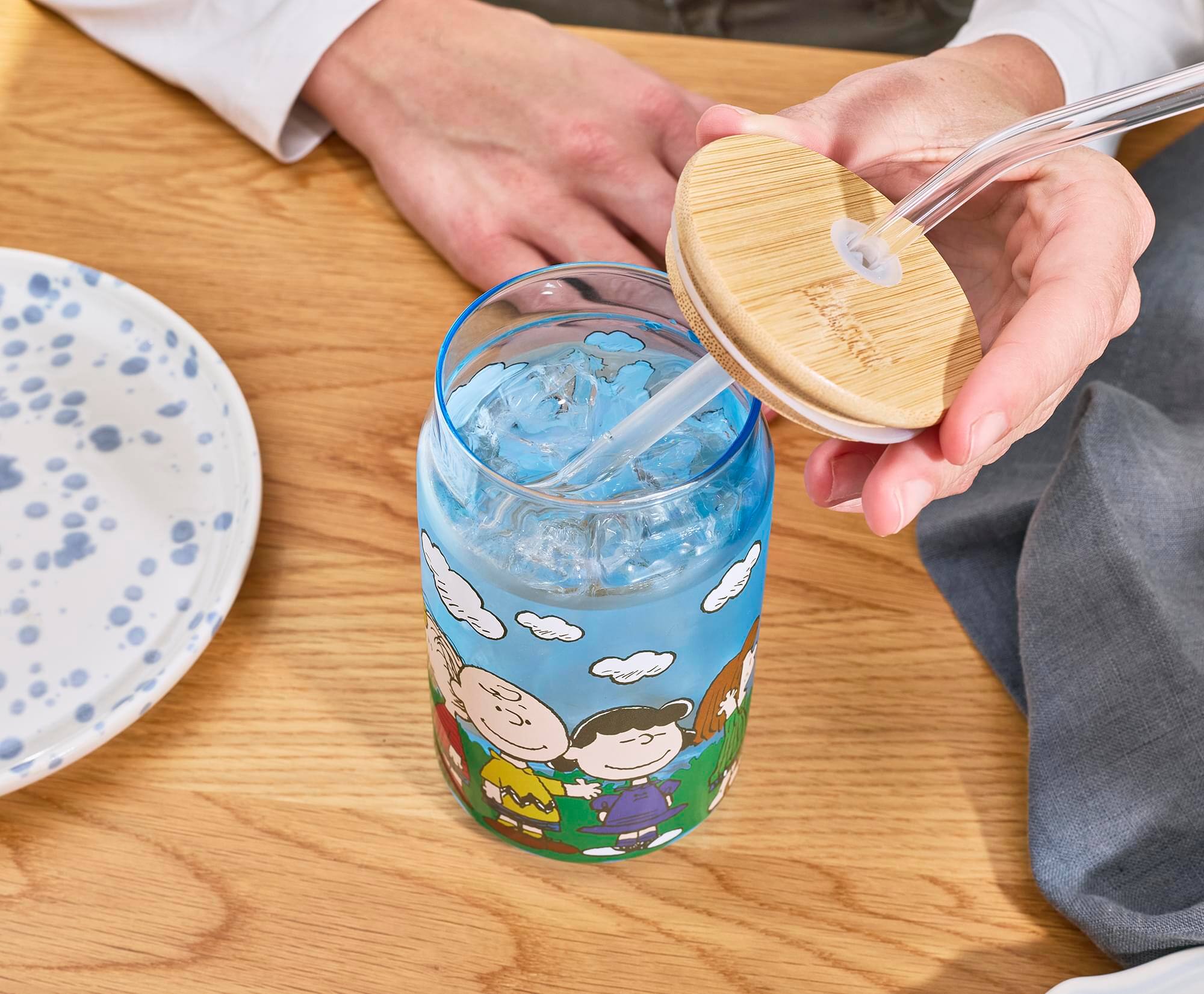 Alt View 6. Silver Buffalo - Peanuts Gang Snoopy and Friends 16-Ounce Glass Tumbler With Bamboo Lid and Glass Straw - Blue.