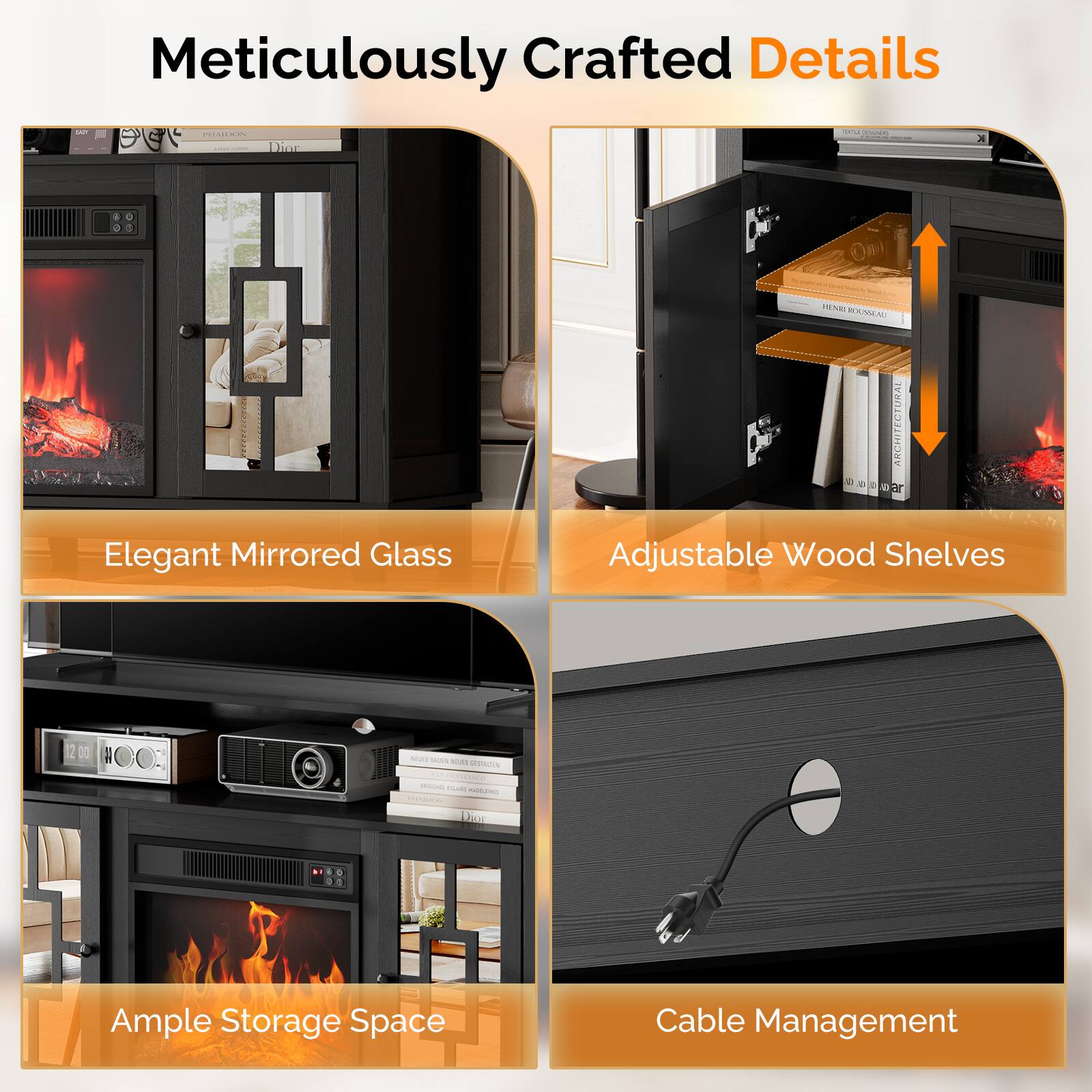 Meticulously Crafted Details

- Elegant Mirrored Glass
- Adjustable Wood Shelves
- Ample Storage Space
- Cable Management