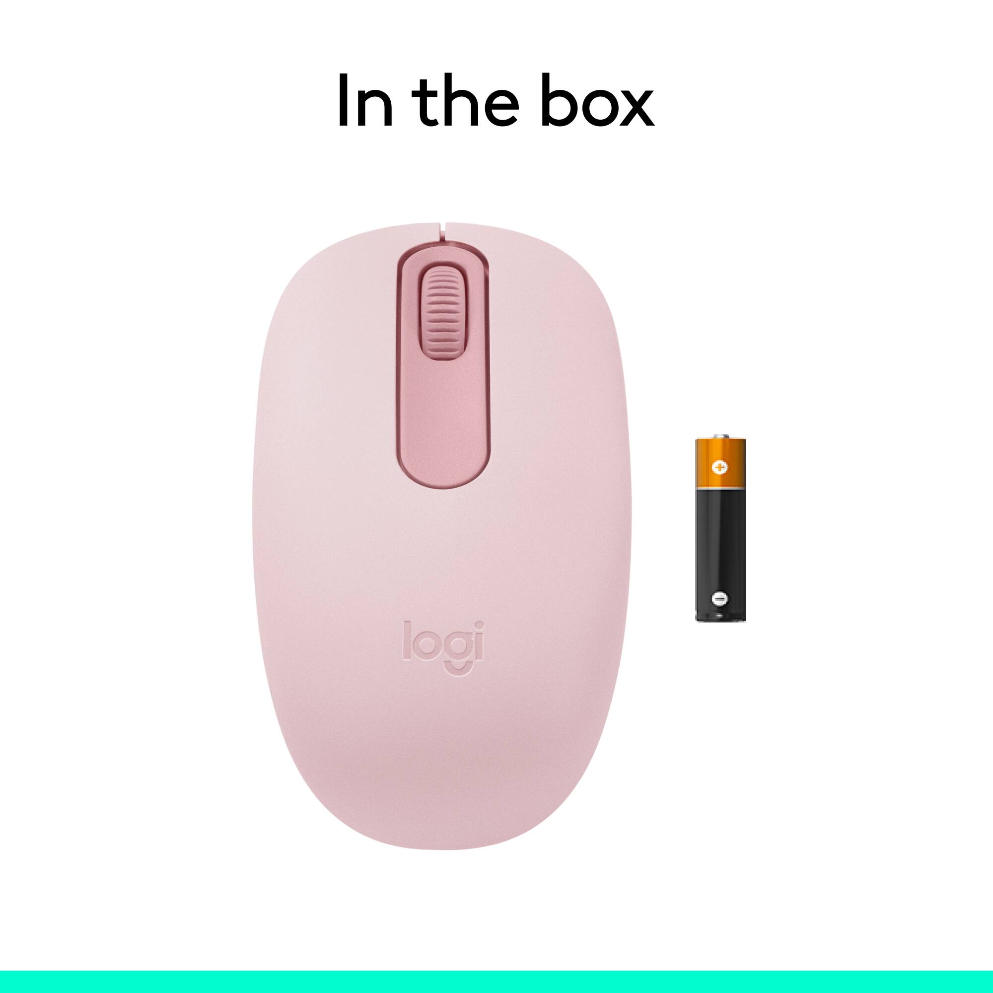 In the box, there is a pink Logitech mouse and a USB receiver.