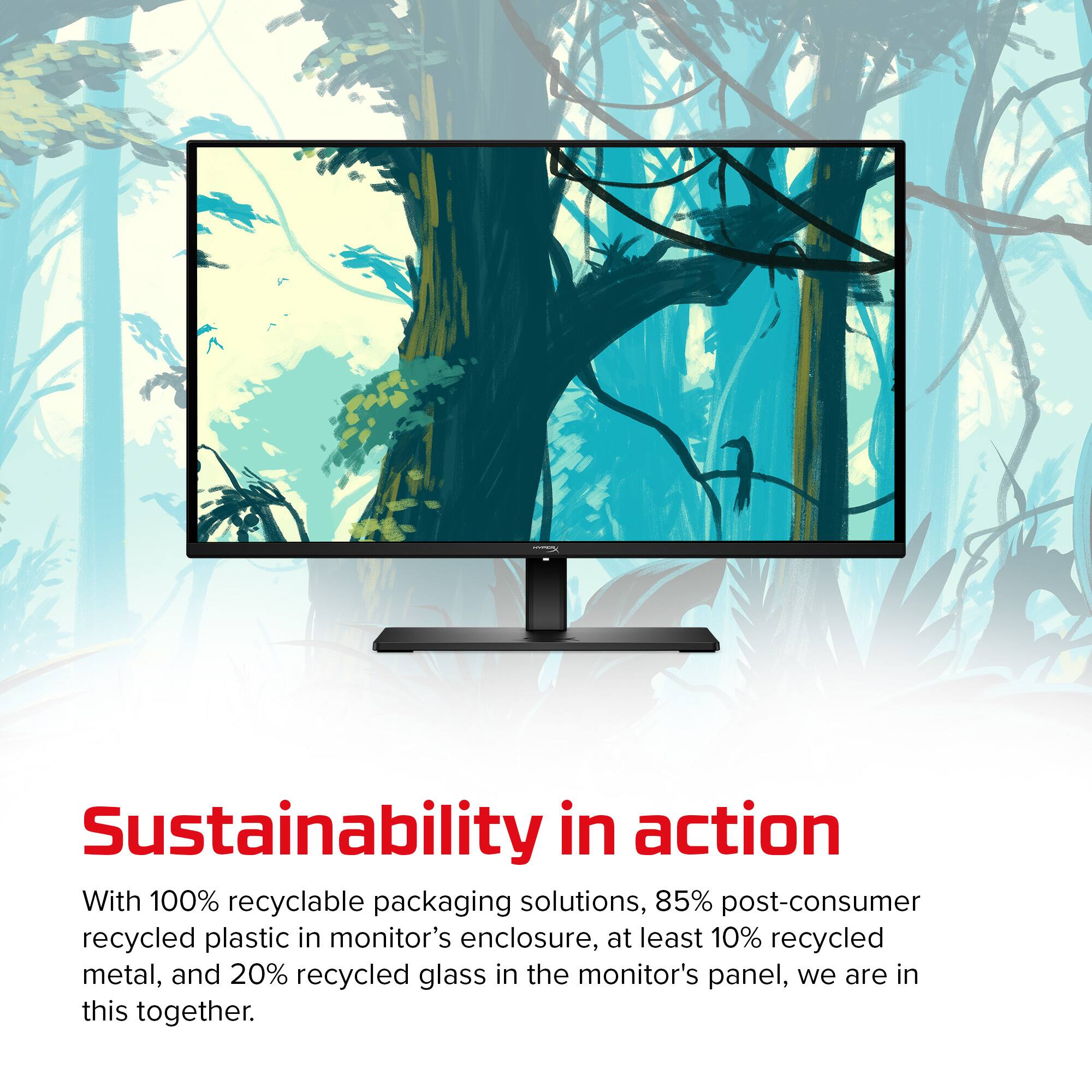Sustainability in action

With 100% recyclable packaging solutions, 85% post-consumer recycled plastic in monitor's enclosure, at least 10% recycled metal, and 20% recycled glass in the monitor's panel, we are in this together.