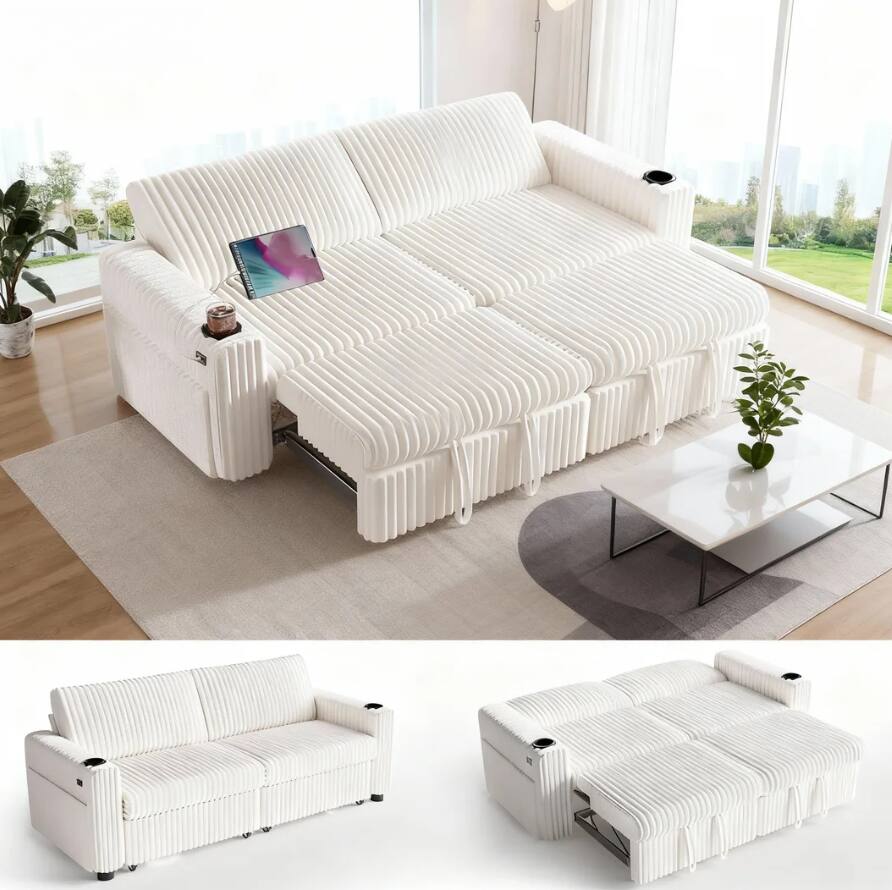 Front. Dyonery - 91" Sectional Sleeper Sofa Bed with Pull Out Bed, Oversized Loveseat Sleeper Sofa with Reclining Backrest - Beige.