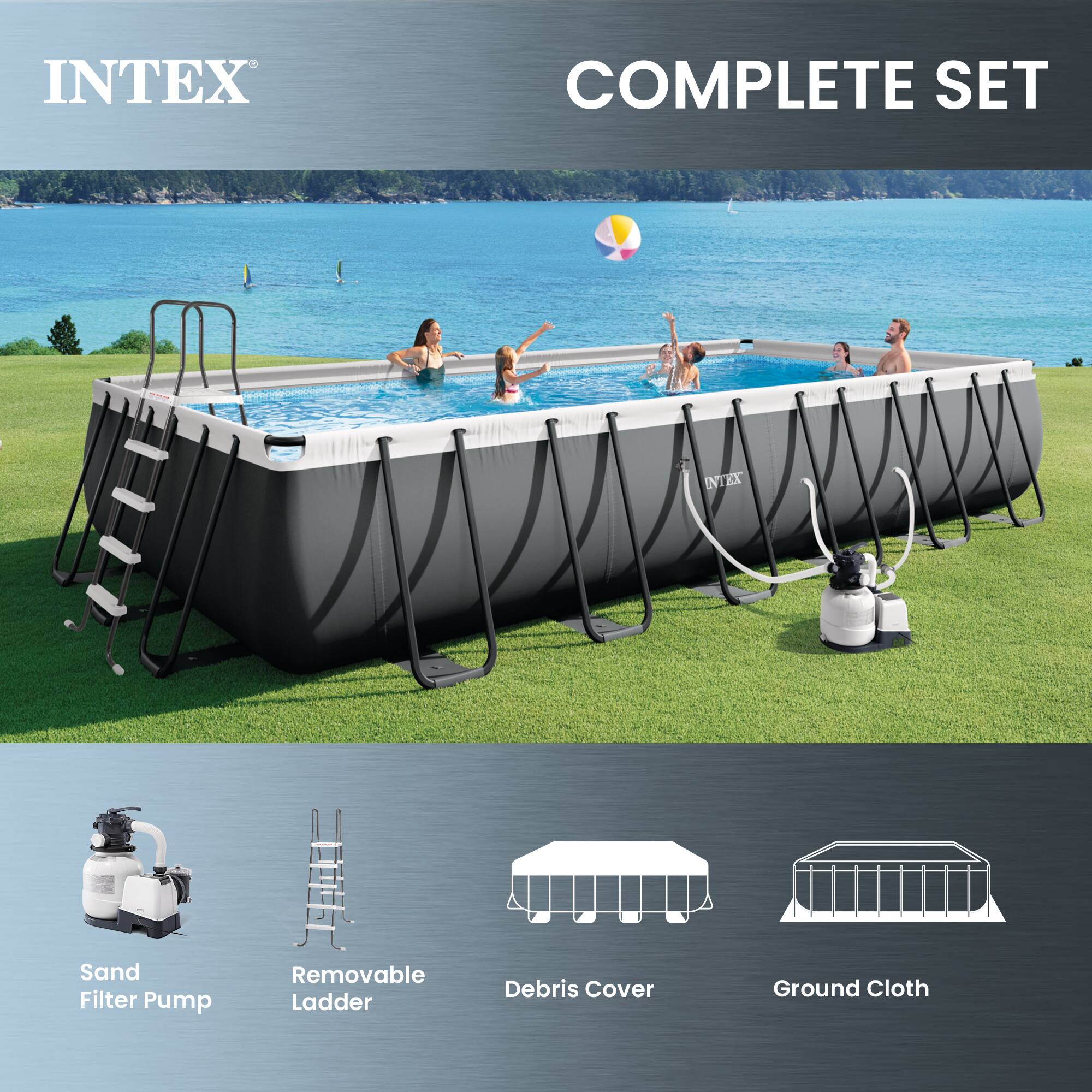 INTEX COMPLETE SET

- Sand Filter Pump
- Removable Ladder
- Debris Cover
- Ground Cloth