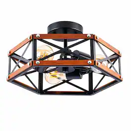 RYHNUYNE - Rustic Farmhouse Semi Flush Mount Ceiling Light, 14.57-Inch Square Wood and Metal Cage Fixture for Hallway, Entryway