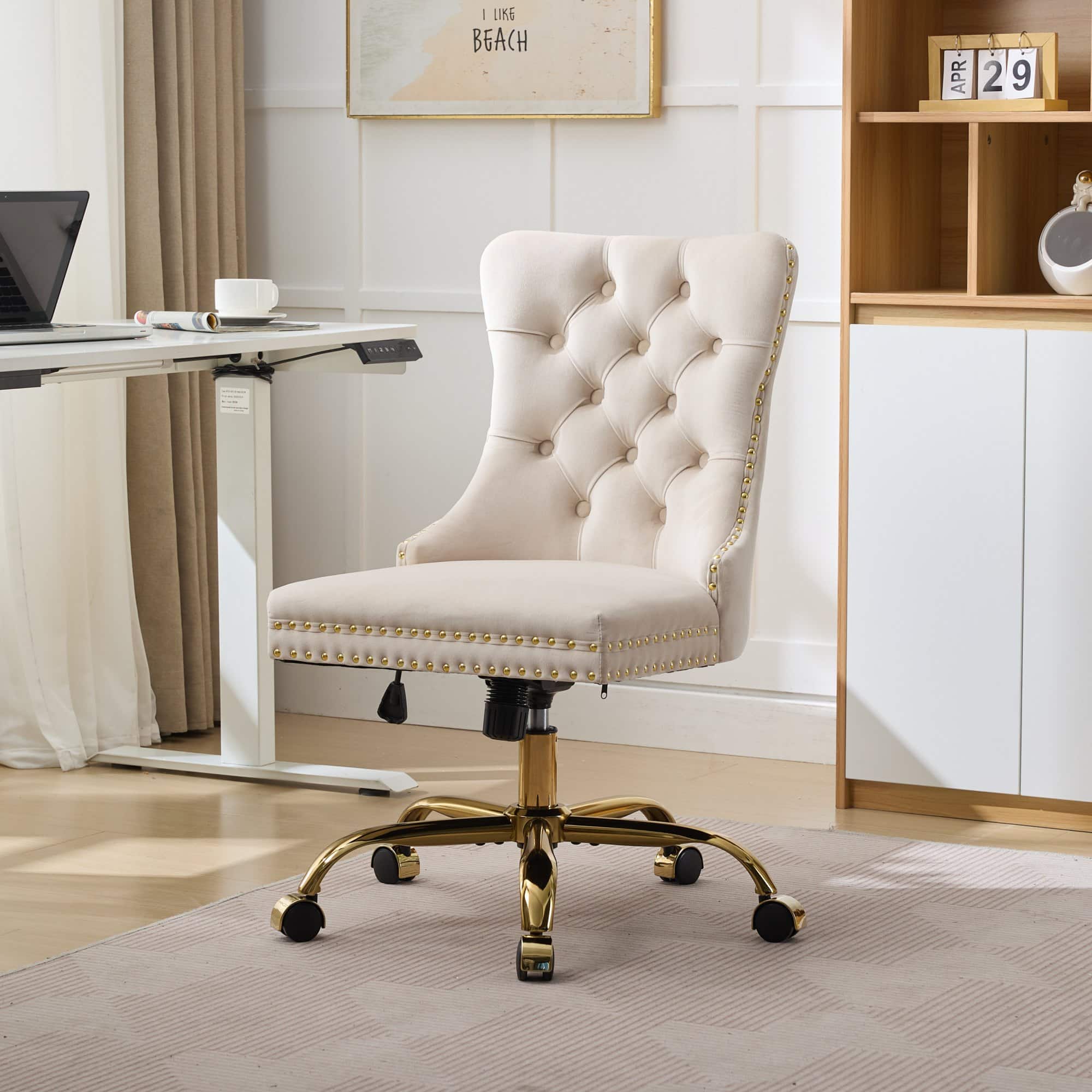Z-Edge - Modern Velvet Upholstered Tufted Button Home Office Chair with Metal Base, Adjustable Desk Chair Swivel Office Chair - Beige