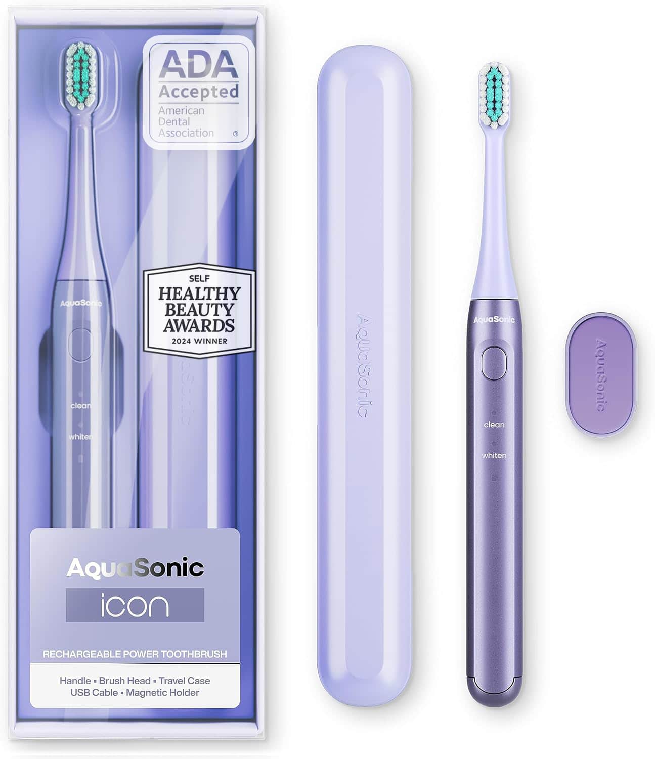 AquaSonic - Icon Rechargeable Electric Toothbrush - ADA Accepted, Magnetic Holder, Slim Travel Case, 2 Brushing Modes, Timer - Purple