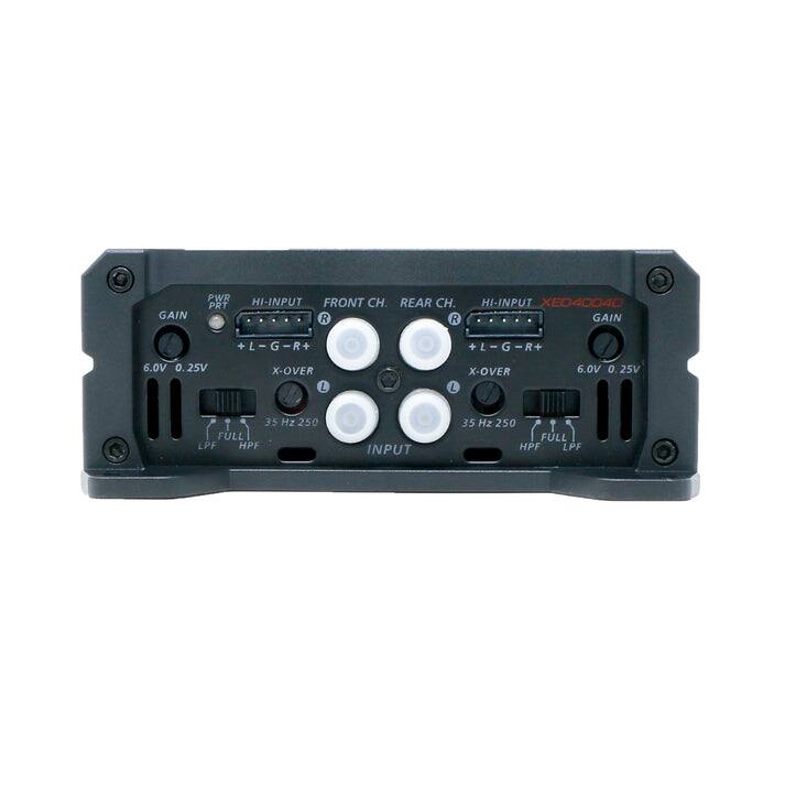 GAIN PWR PRT HI-INPUT FRONT CH. REAR CH. R R HI-INPUT XED40040 GAIN + L - G - R + + +L-G-R+ L - G - R + 6.0V 0.25V X-OVER E X-OVER L 6.0V 0 25V 35 Hz 250 FULL LPF HPF INPUT 35 Hz 250 FULL HPF LPF