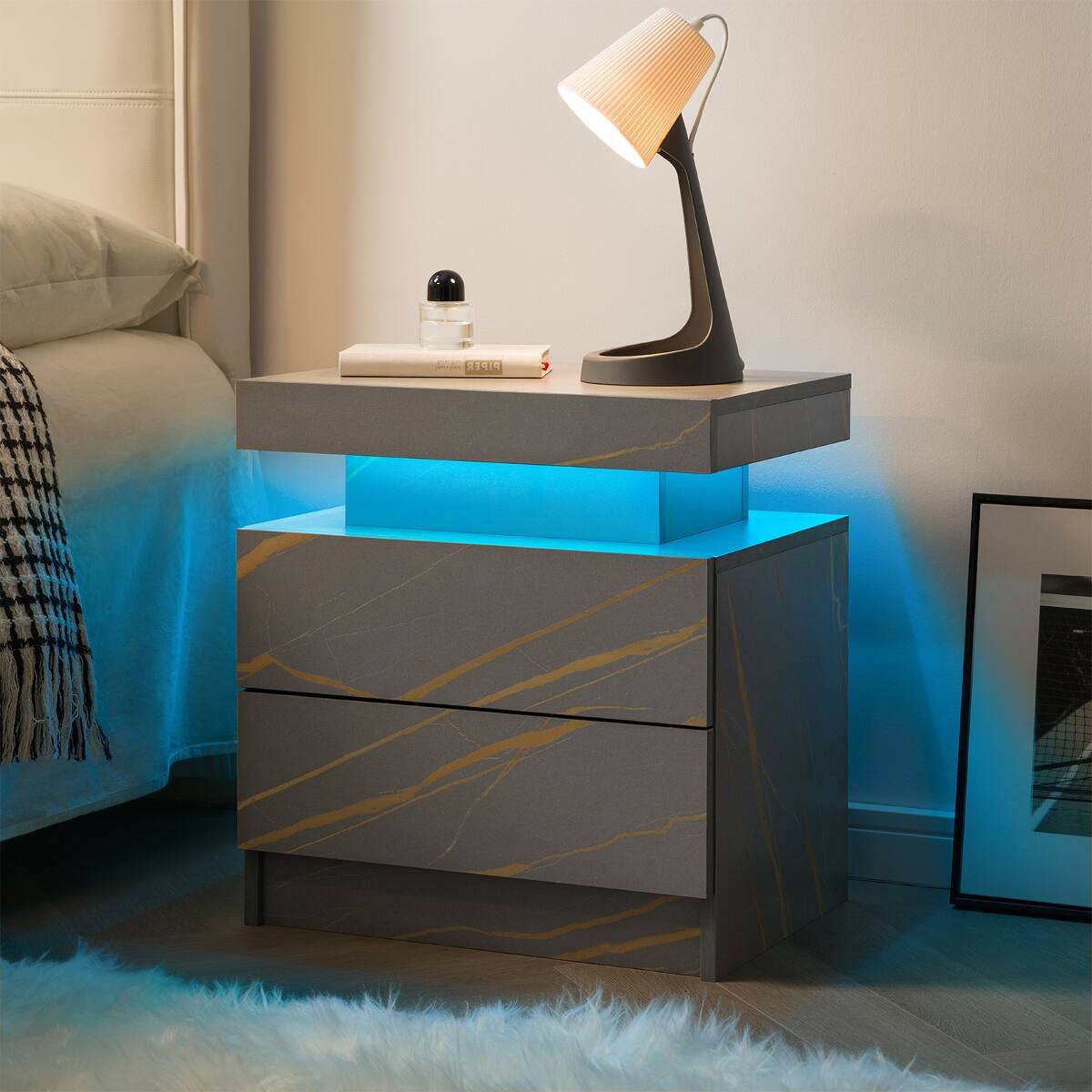 Alt View 1. Loheer - Loheer Modern LED Nightstand with Two Drawers, Grey and Gold Finish - Grey and Gold.