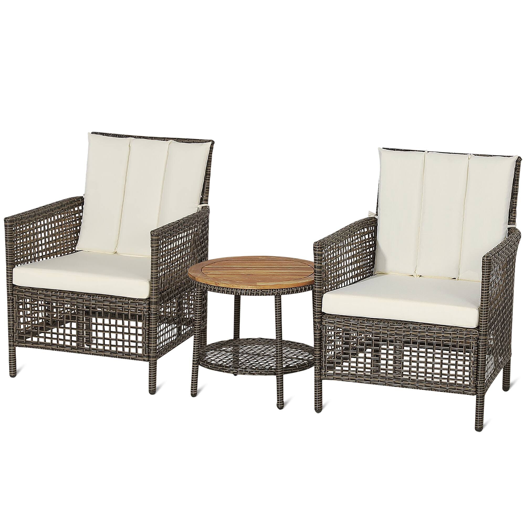 Costway - Patiojoy 3PCS Patio Rattan Furniture Set Cushioned Sofas Wood Table Top W/Shelf - Mix Black,Brown,Off White