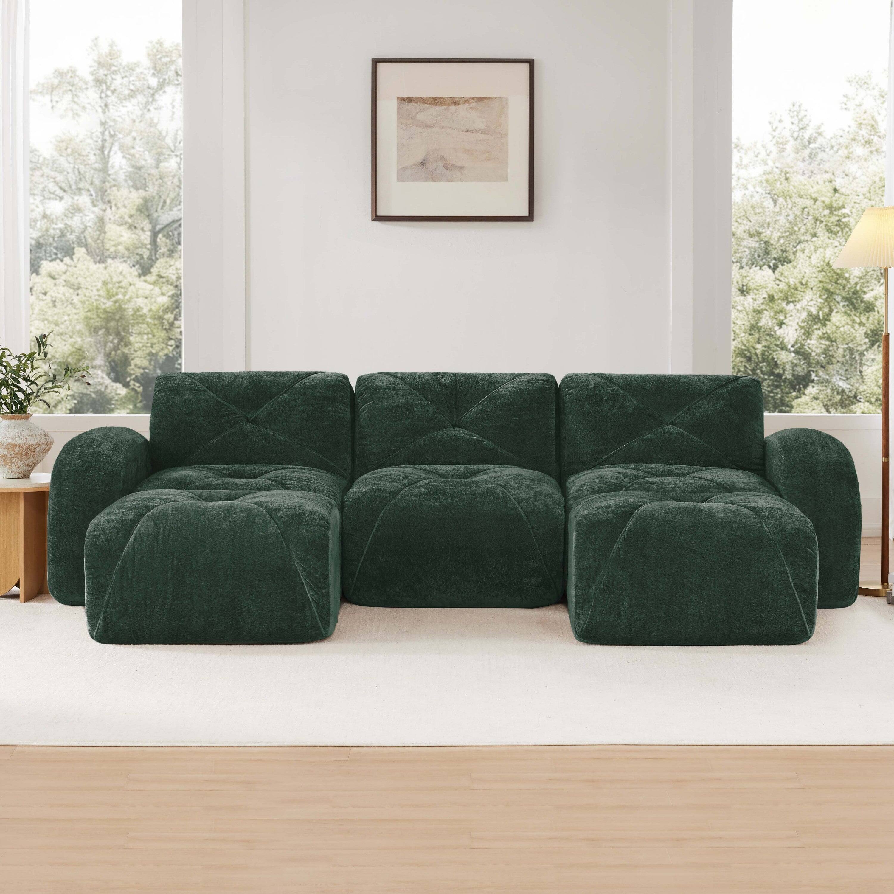 Alt View 1. Boyel Living - U Shaped Velvet Tufted Sofa Movable Ottomans 32D High Density Sponge Anti Slip Free Combo Study Theater Green - Green.
