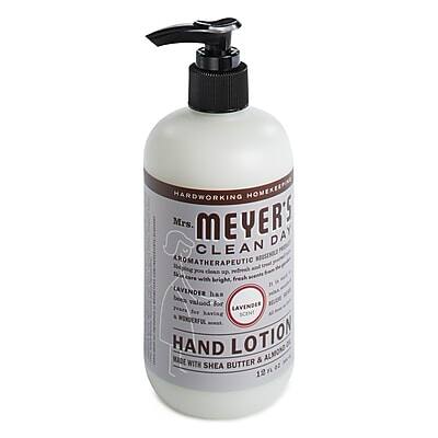 HARDWORKING HOMEMAKER'S  
Mrs. Meyer's Clean Day  
AROMATHERAPEUTIC CLEANING  
Lavender has been valued for its wonderful scent.  
Lavender has been used for centuries for its calming properties.  
HAND LOTION  
MADE WITH SHEA BUTTER & ALMOND OIL  
12 FL OZ
