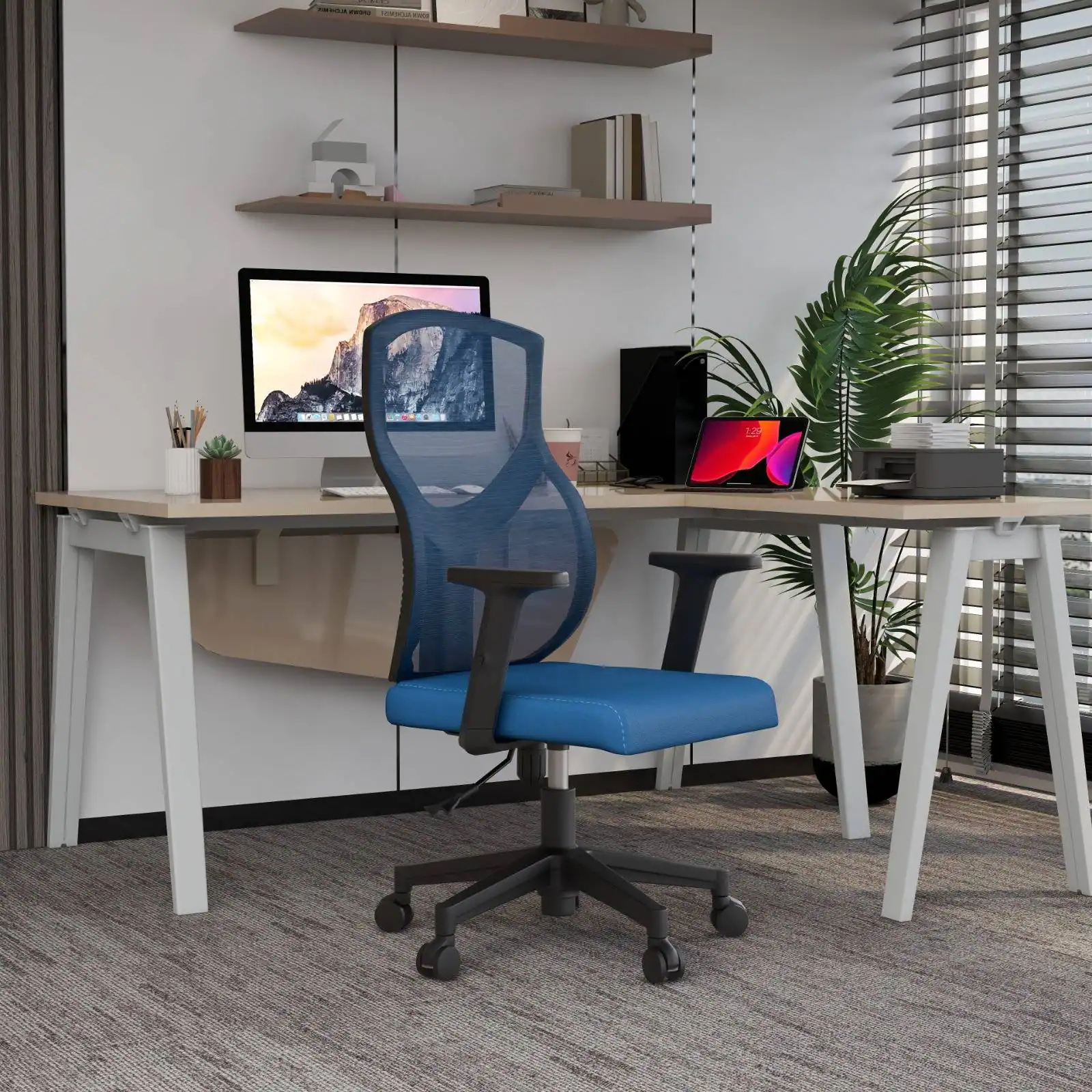 Angle. LeisureMod - Glen Office Chair Upholstered Cotton Mid-Back Mesh Computer Chair with Adjustable Height, Swivel and Tilt - Blue.