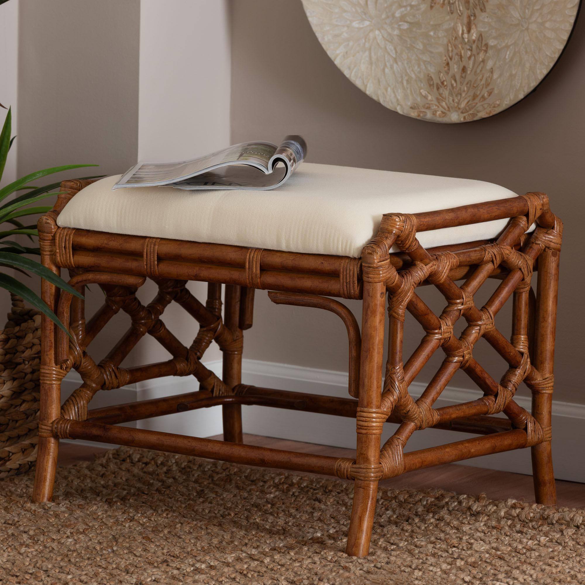 Alt View 2. bali & pari - Morley Marbled Tortoise Natural Rattan Ottoman - Handcrafted Accent Footstool with Decorative Frame, Coastal - Marbled Tortoise Brown/White.