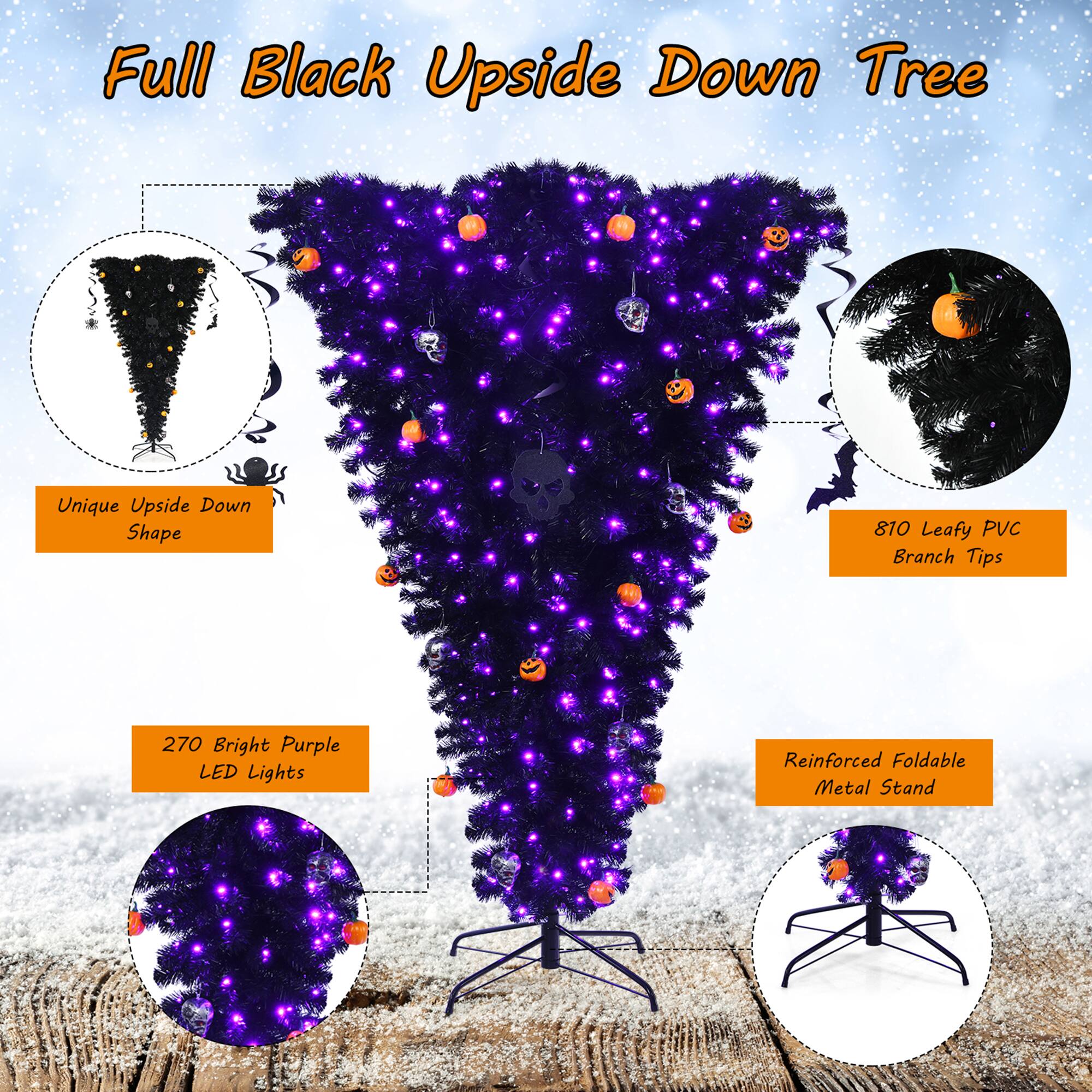 Full Black Upside Down Tree

- Unique Upside Down Shape
- 810 Leafy PVC Branch Tips
- 270 Bright Purple LED Lights
- Reinforced Foldable Metal Stand