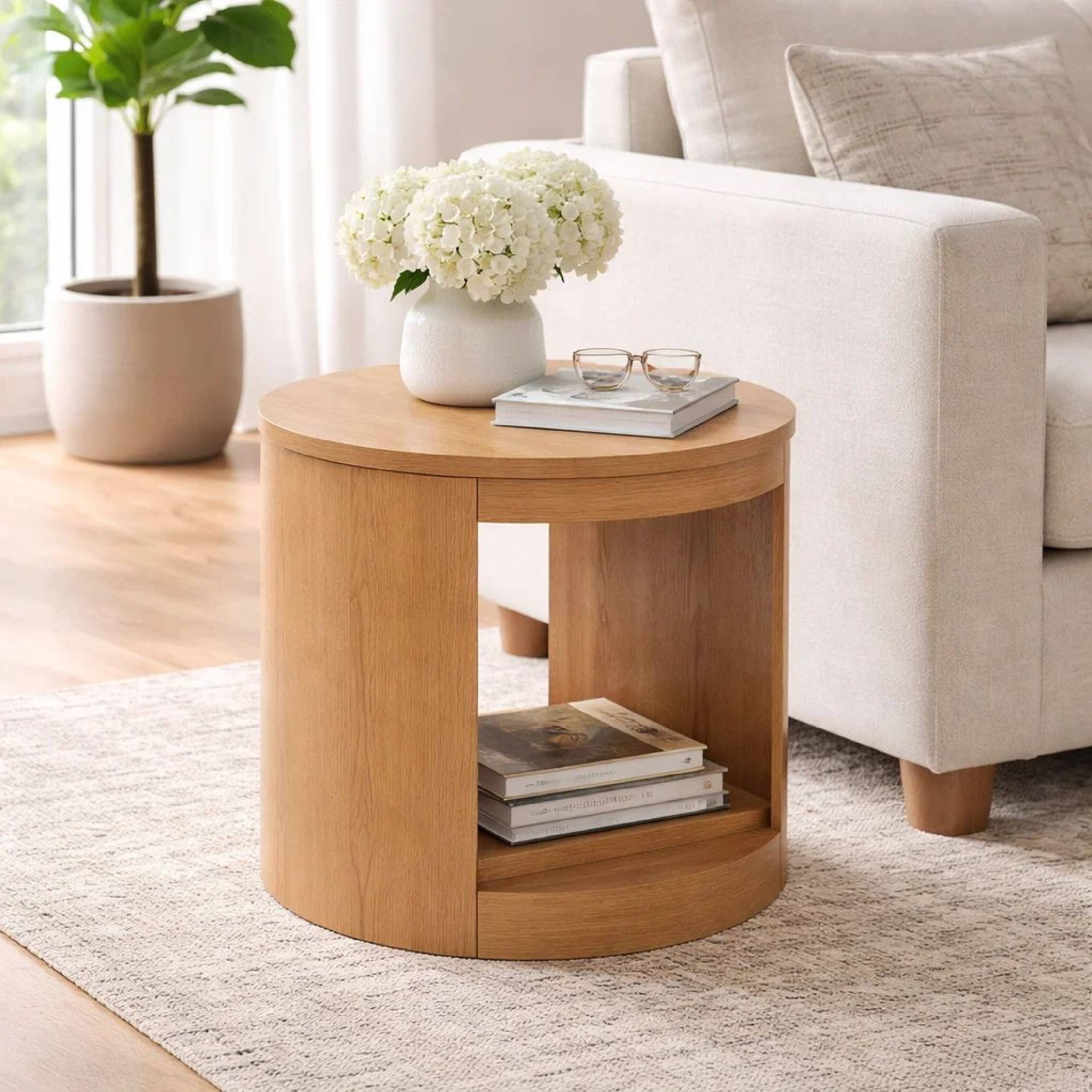 Alt View 8. Manhattan Lane - Sery Side End Table, 22 Inch Round Top with Open Lower Shelf - Natural Oak Brown.