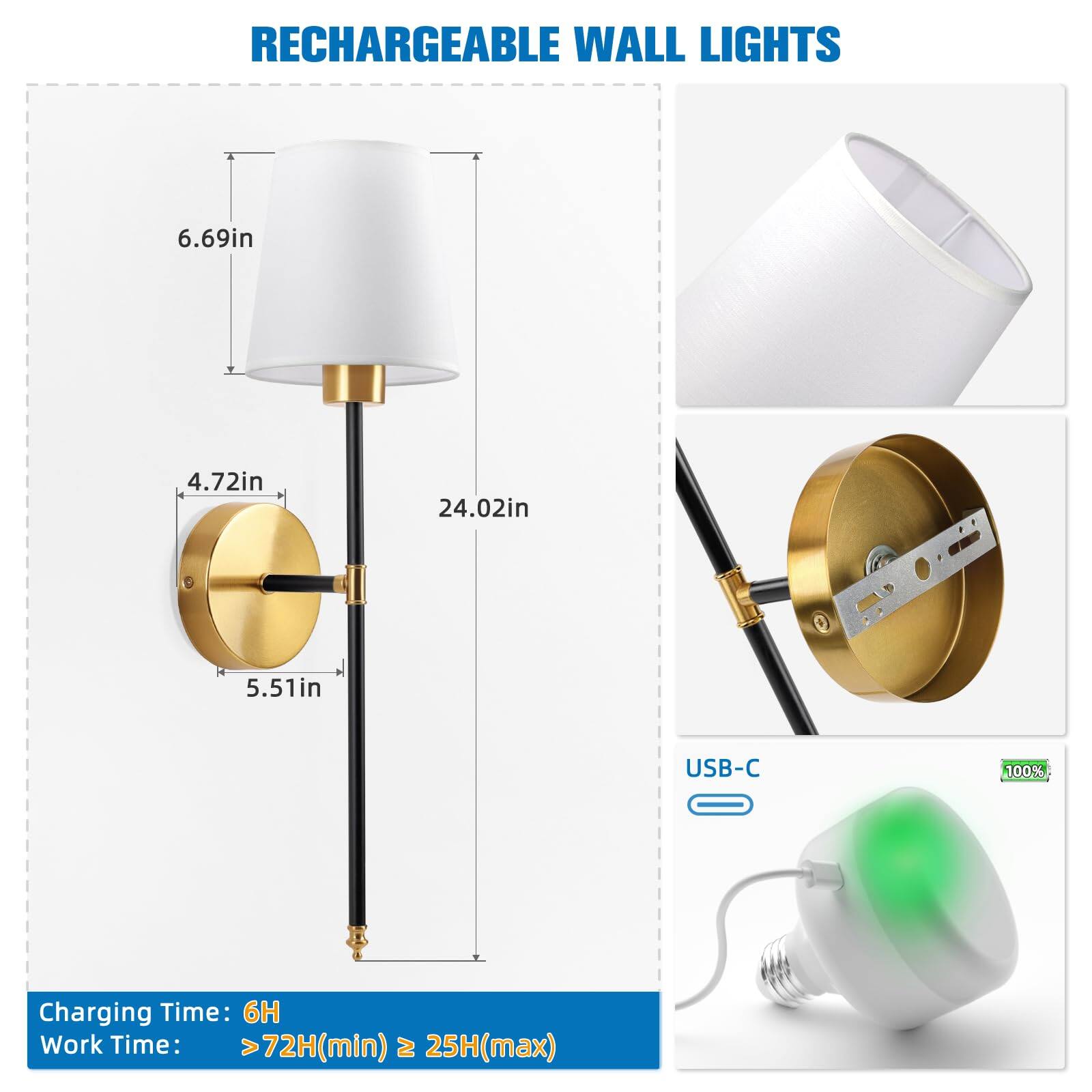 RECHARGEABLE WALL LIGHTS

- Height: 24.02in
- Diameter: 6.69in
- Base Diameter: 5.51in
- Base Thickness: 4.72in

USB-C

Charging Time: 6H

Work Time: >72H (min) ≥ 25H (max)