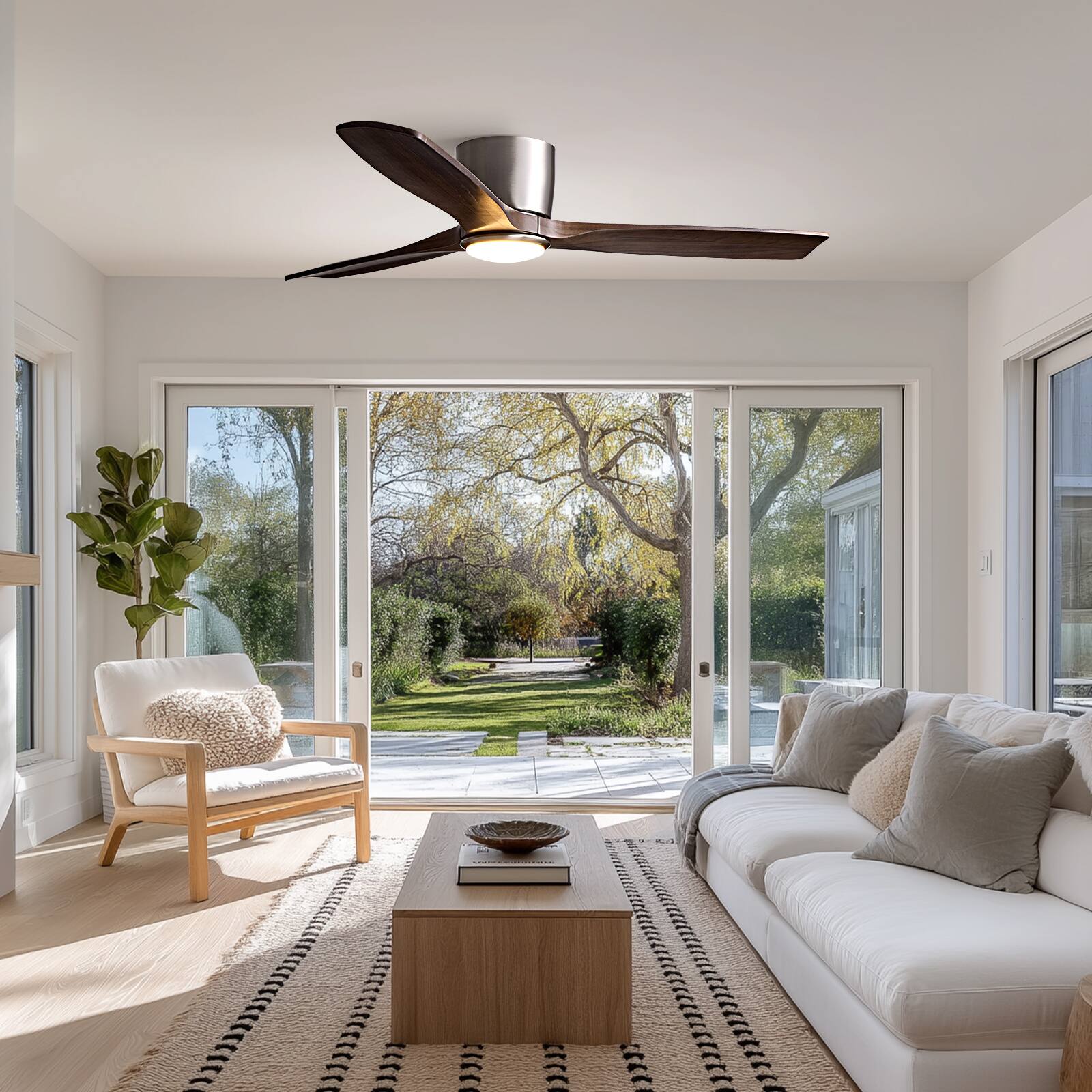 Back. Siljoy - 52 Inch Brushed Nickel Low Profile Ceiling Fan Light 3 Natural Wood Blades LED Fan For Indoor Living Bedroom - Brushed Nickel.