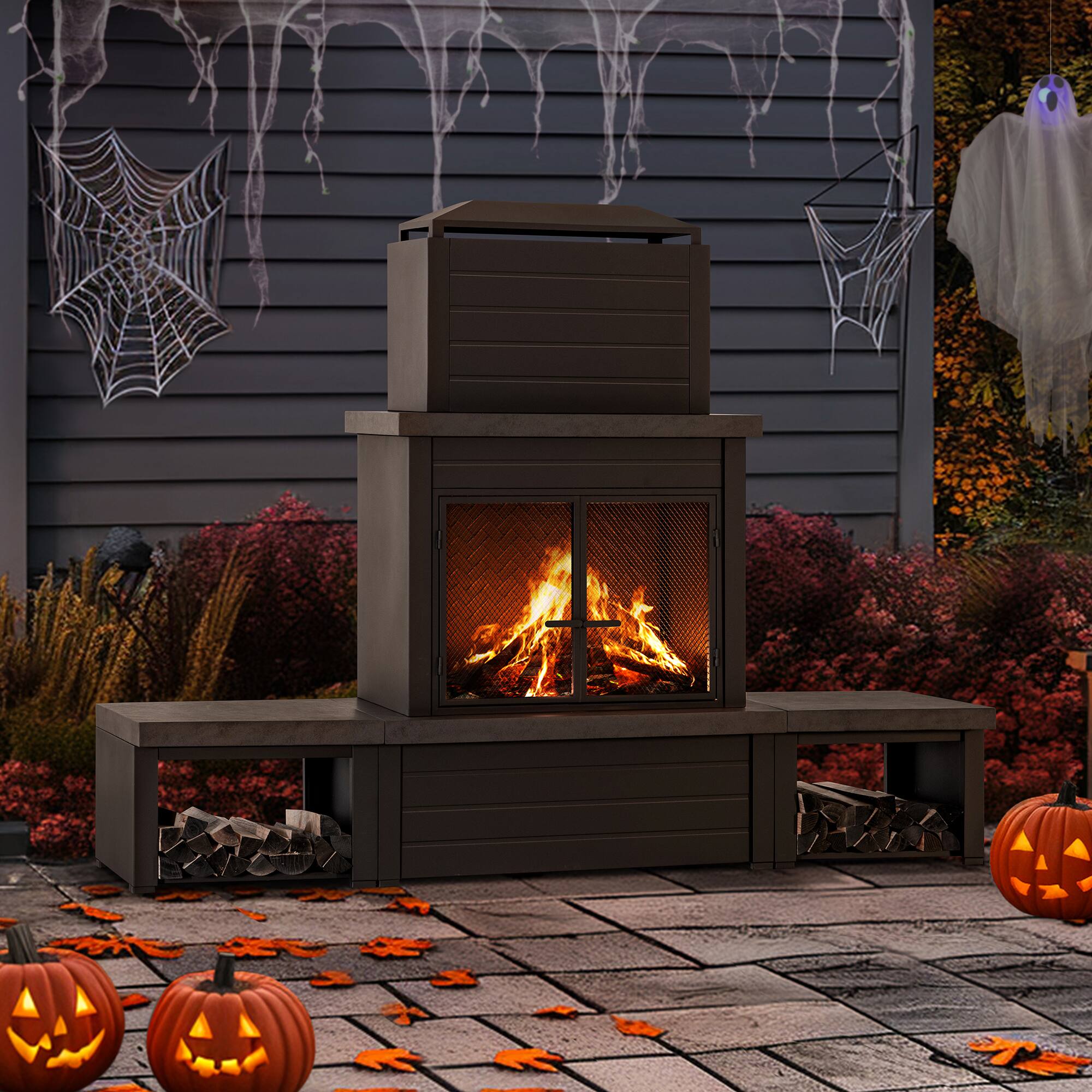 Alt View 6. SUNJOY - SUNJOY 76" Modern Outdoor Wood-Burning Steel Fireplace with Chimney, Log Holders, Mesh Doors, Ash Pan & Cover, Brown - brown.