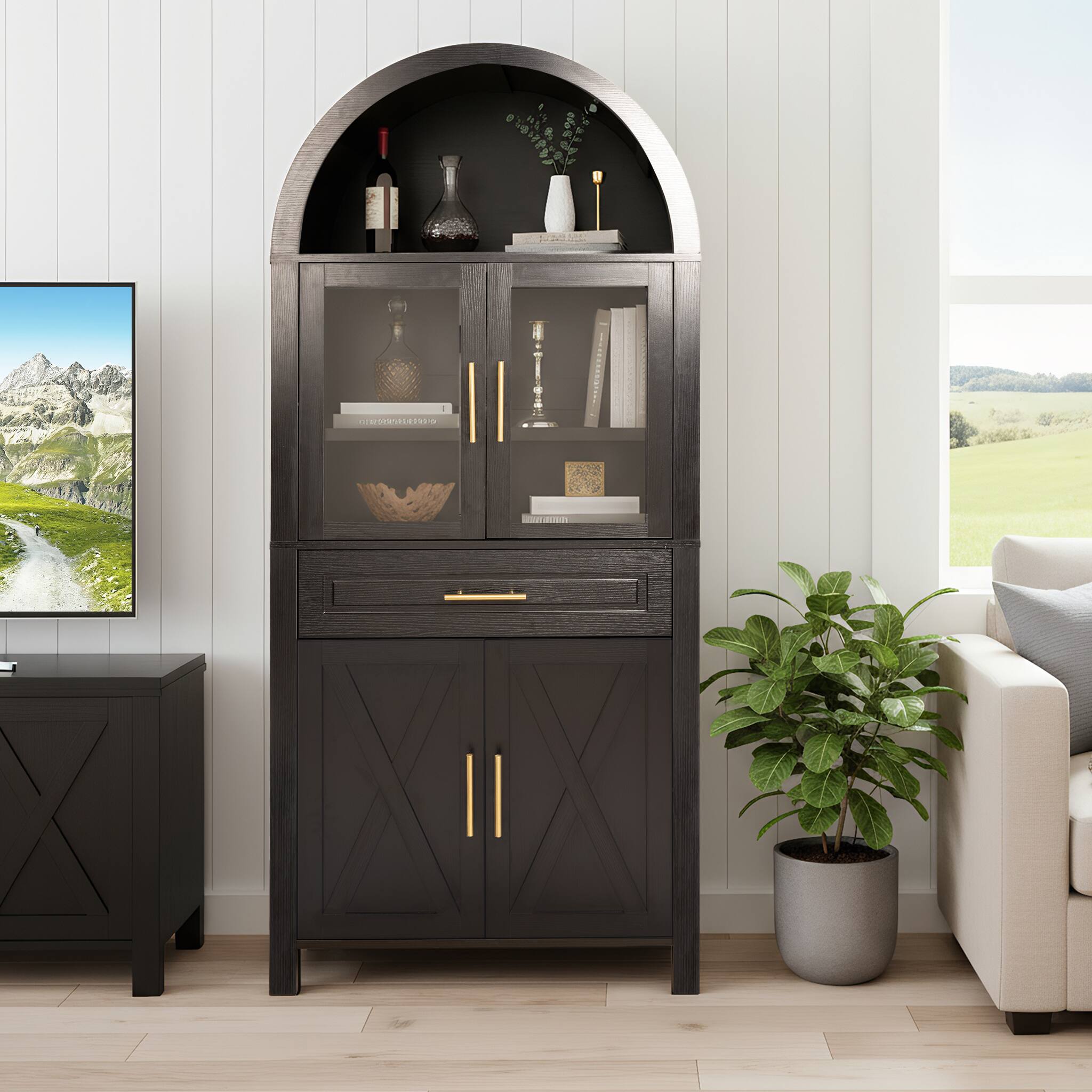 Alt View 1. Boyel Living - 71 Inch Arched Glass Door Pantry Cabinet Farmhouse Storage with Barn Door Design Black - Black.