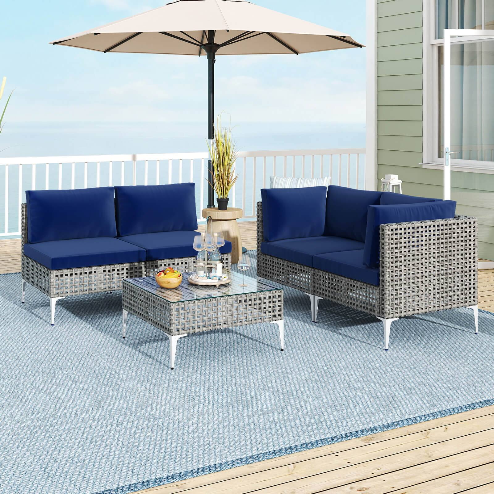 Alt View 4. Costway - Costway 5 PCS Outdoor Furniture Set with Seat & Back Cushions Tempered Glass Coffee Table - Navy.